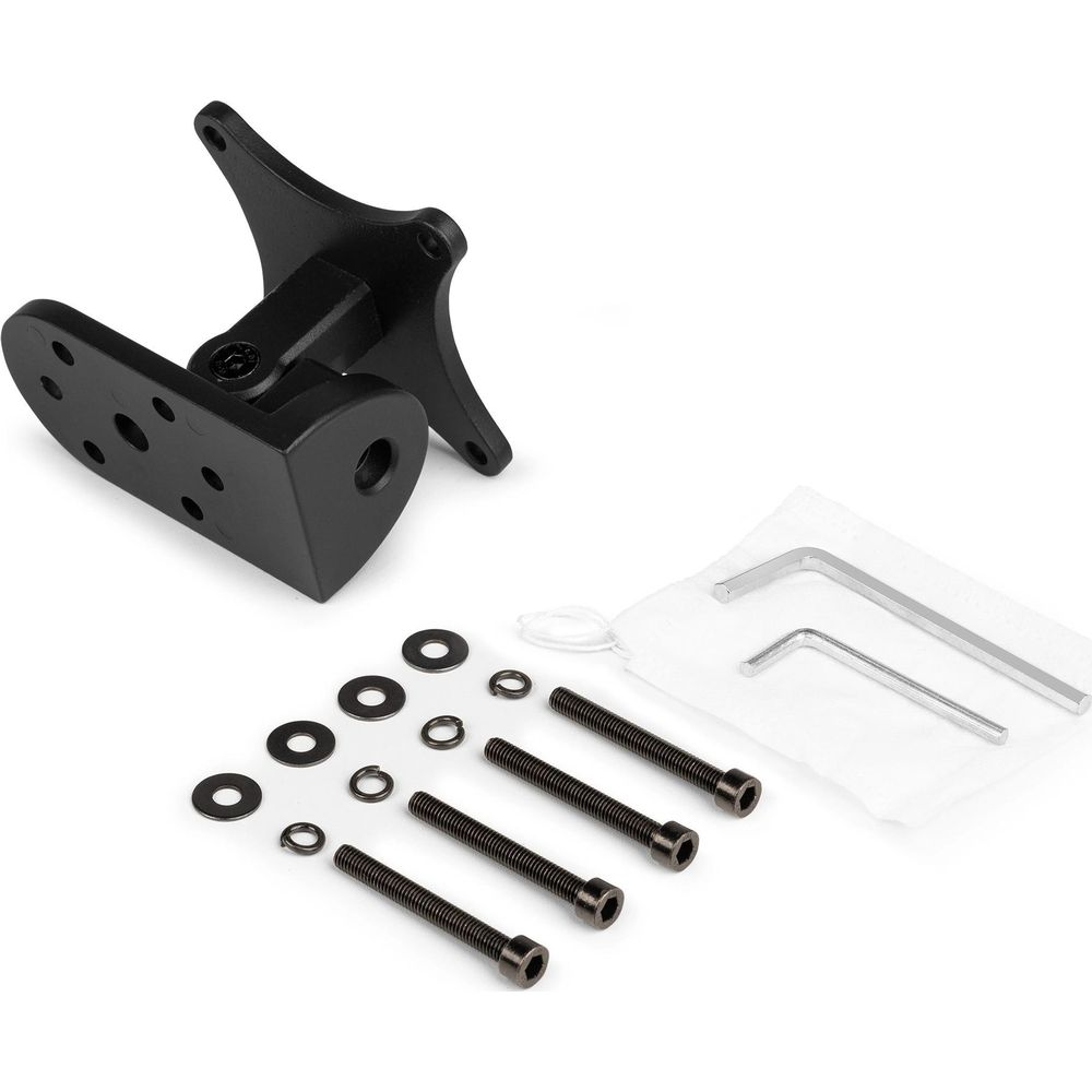 Soporte de monitor negro con tornillos, arandelas y llaves Allen sobre fondo blanco.