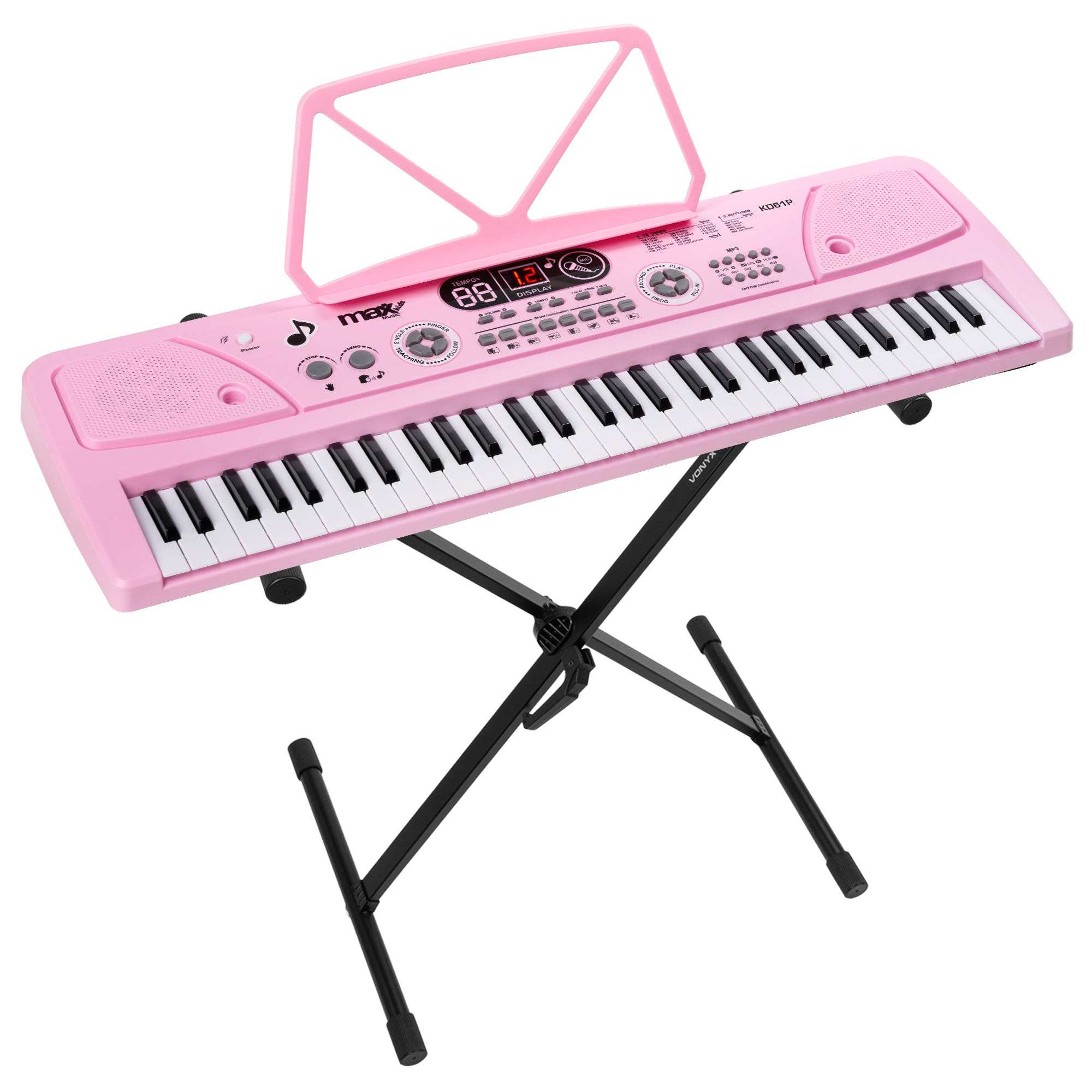 Un teclado rosa sobre un soporte negro con atril.