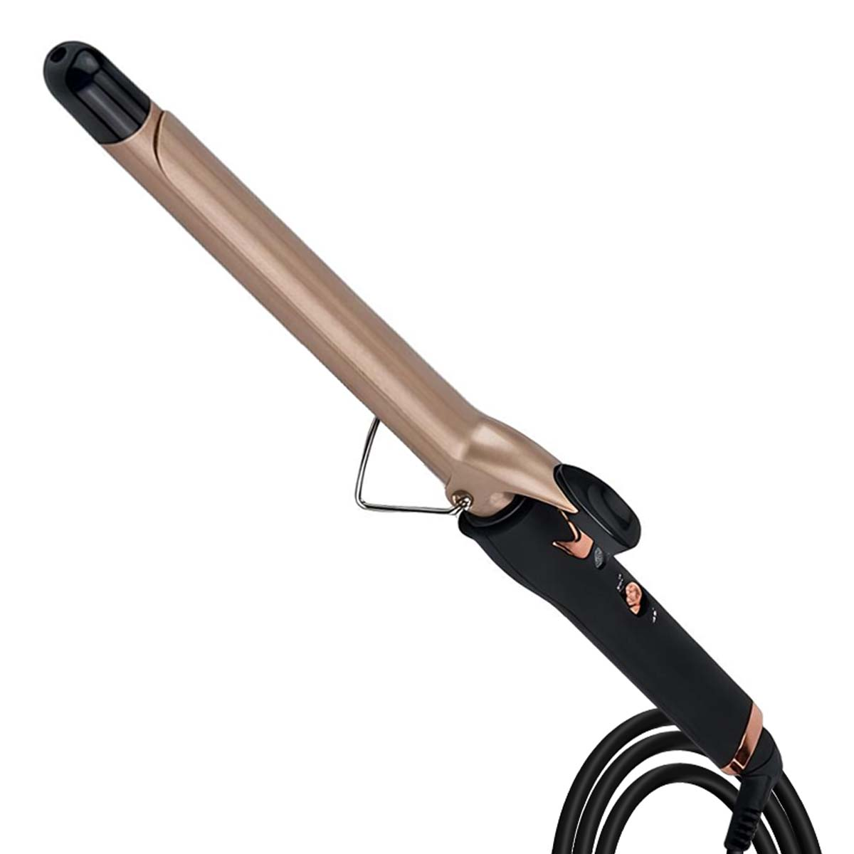 Ein goldener und schwarzer Lockenstab mit silbernem Ständer und Kabel.
