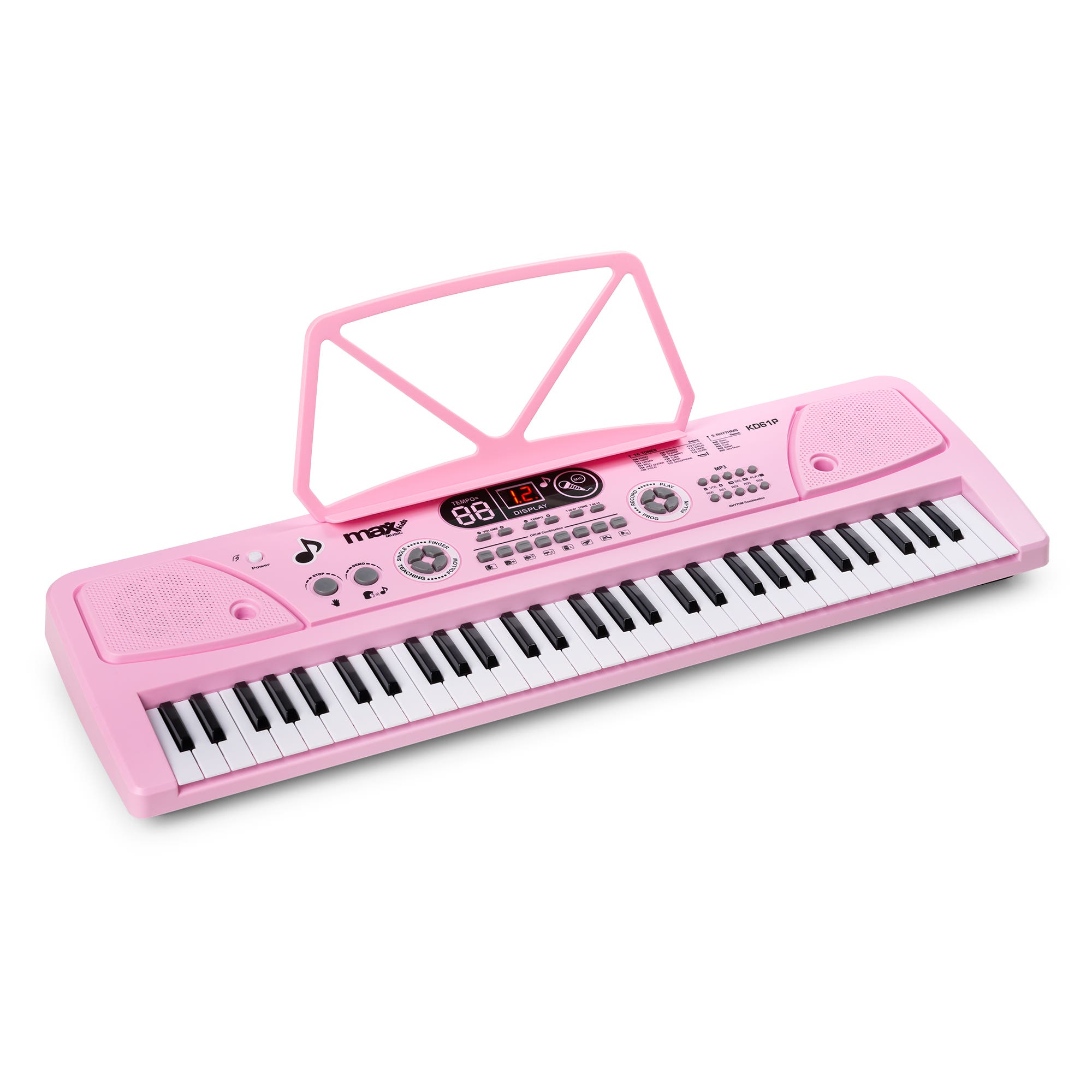 Un teclado de juguete rosa con teclas blancas y negras y atril.