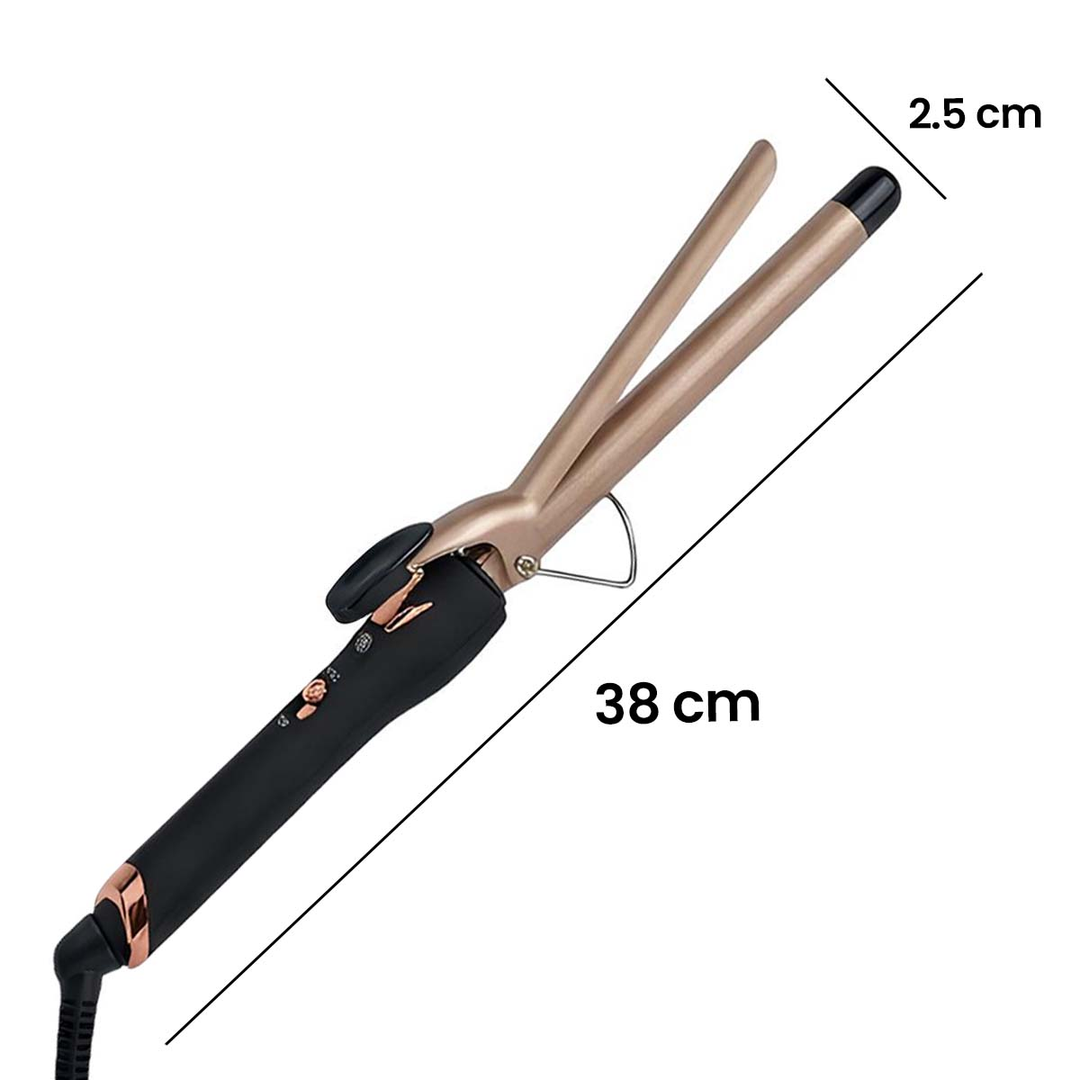 Ein goldener Lockenstab mit schwarzem Griff, 38 cm lang, 2,5 cm Durchmesser.