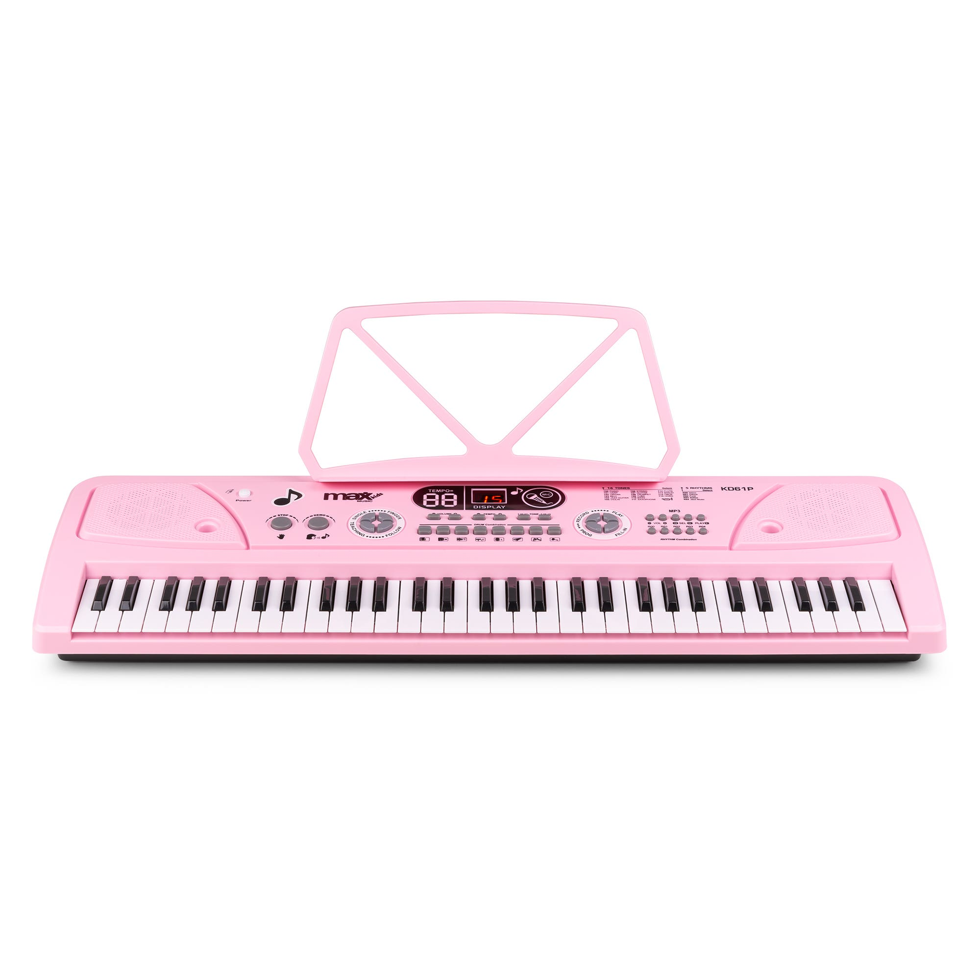 Un teclado rosa con atril y teclas blancas y negras.