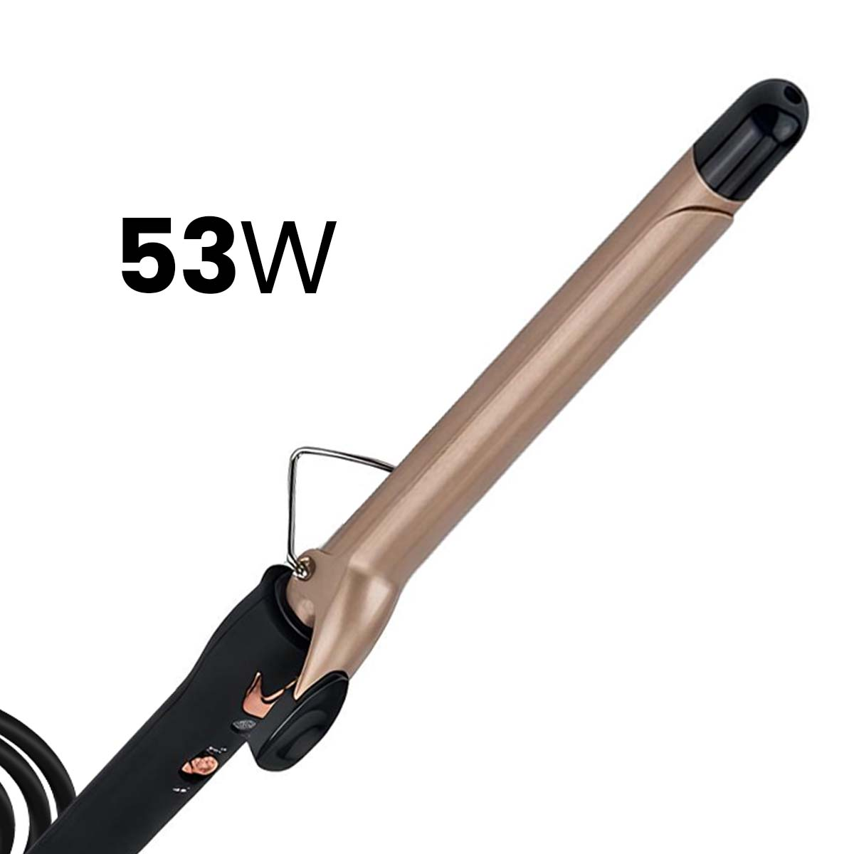 Ein goldbrauner Lockenstab mit schwarzem Griff und der Aufschrift 53W.