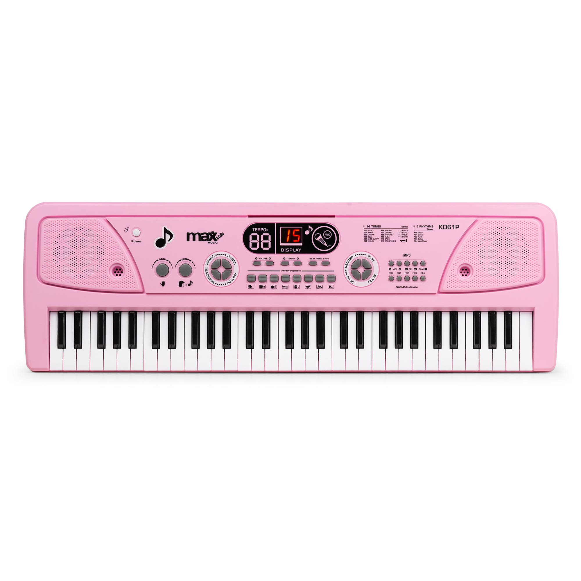 Un teclado electrónico rosa de 61 teclas con altavoces y botones.