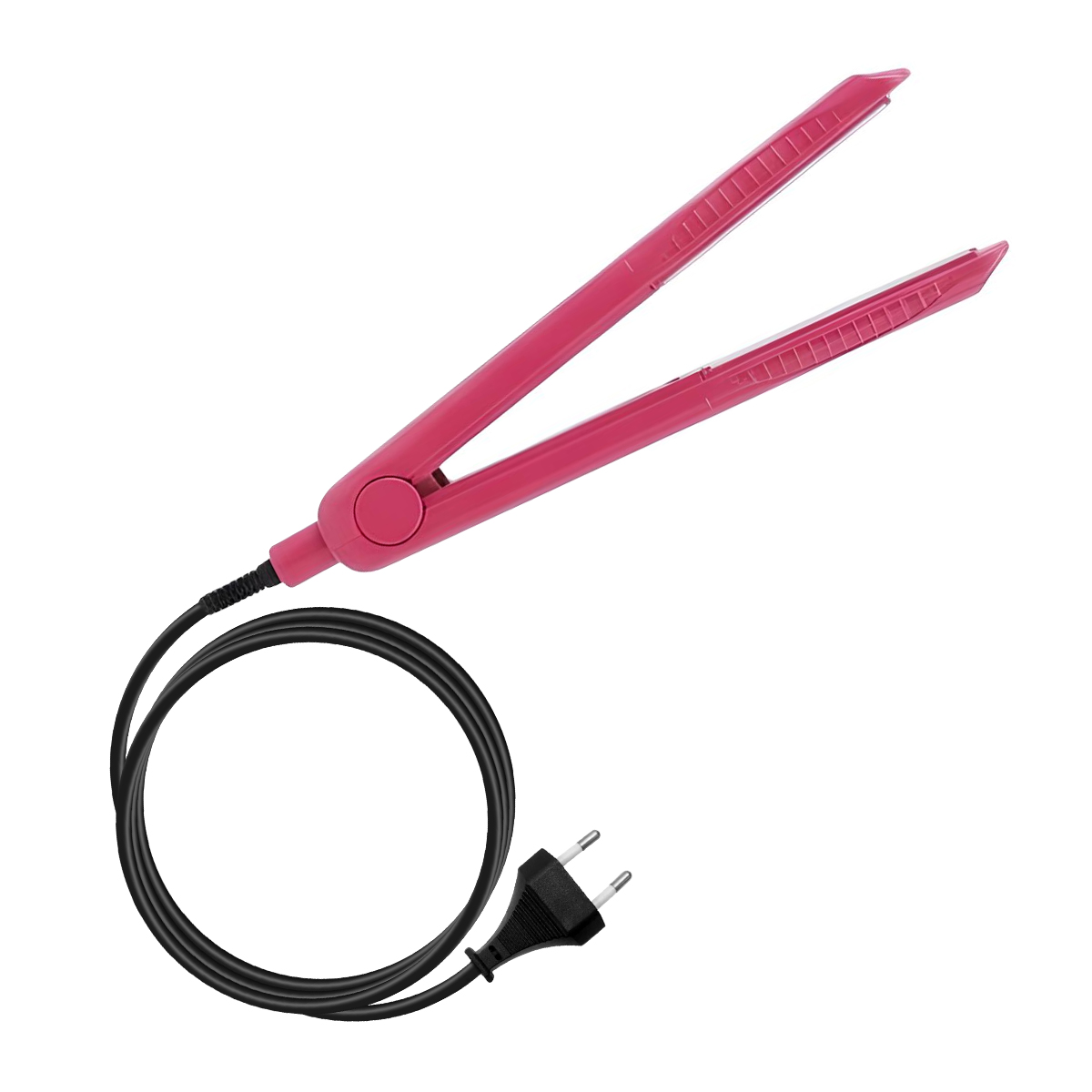 Ein pinker Mini-Haarglätter mit schwarzem Kabel und Stecker.