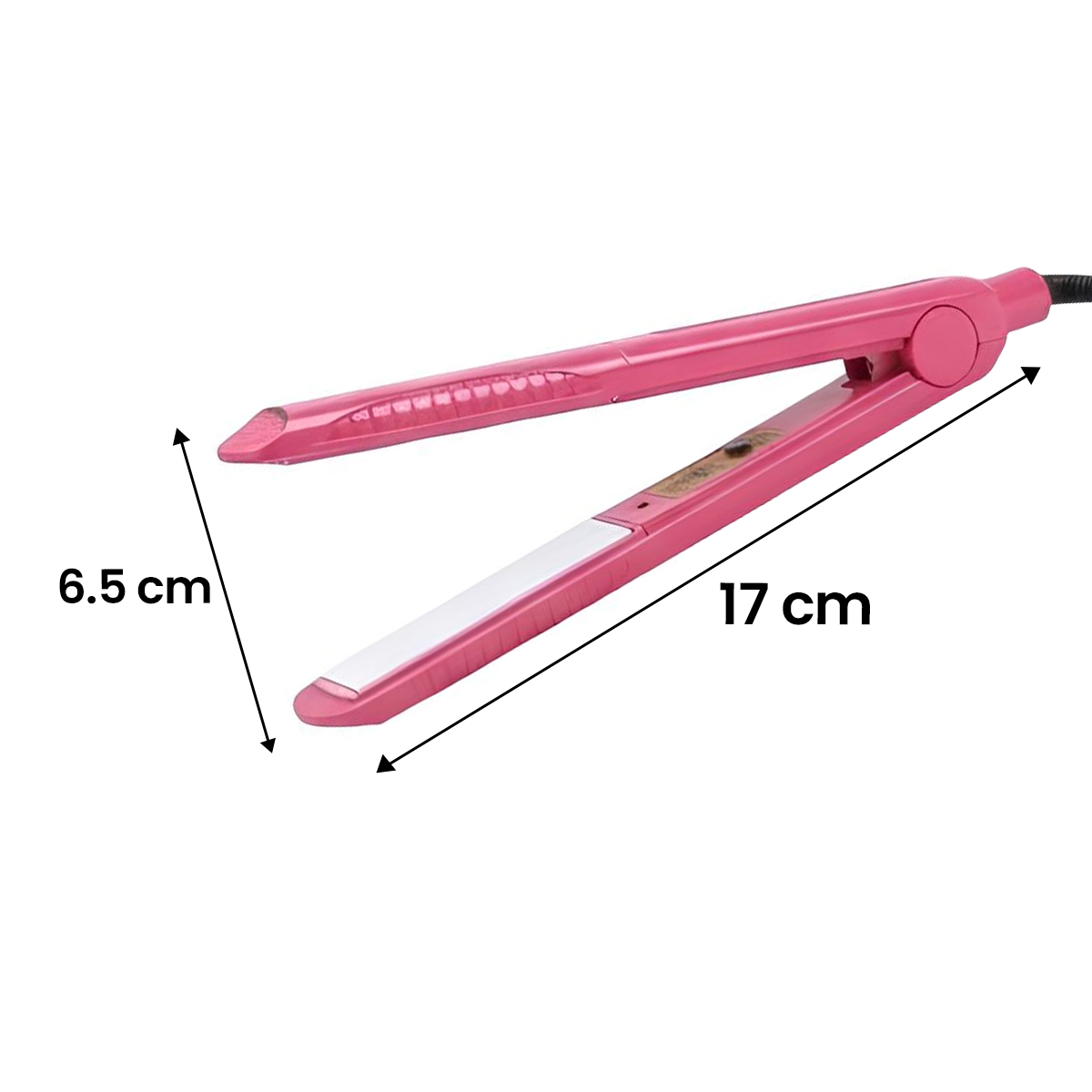 Ein rosafarbener Glätteisen mit Abmessungen 6,5 cm und 17 cm.