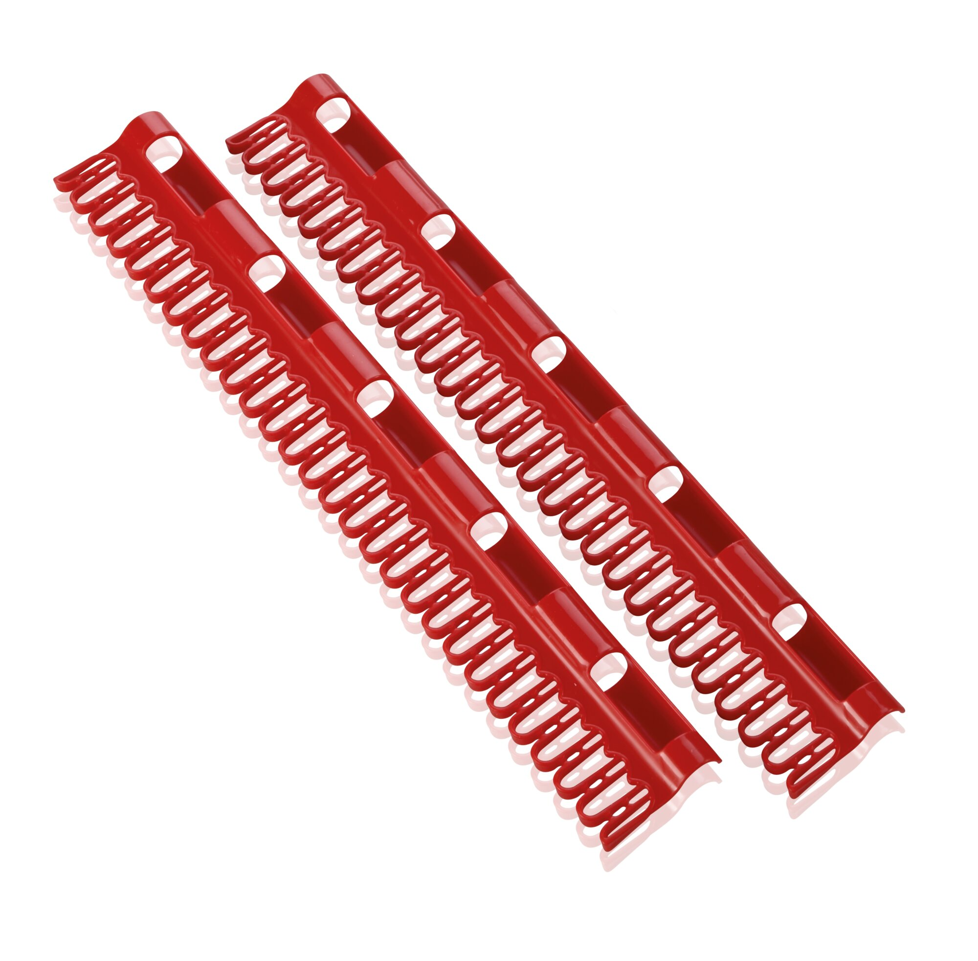 Zwei rote Plastik-Spiralbinderücken nebeneinander.