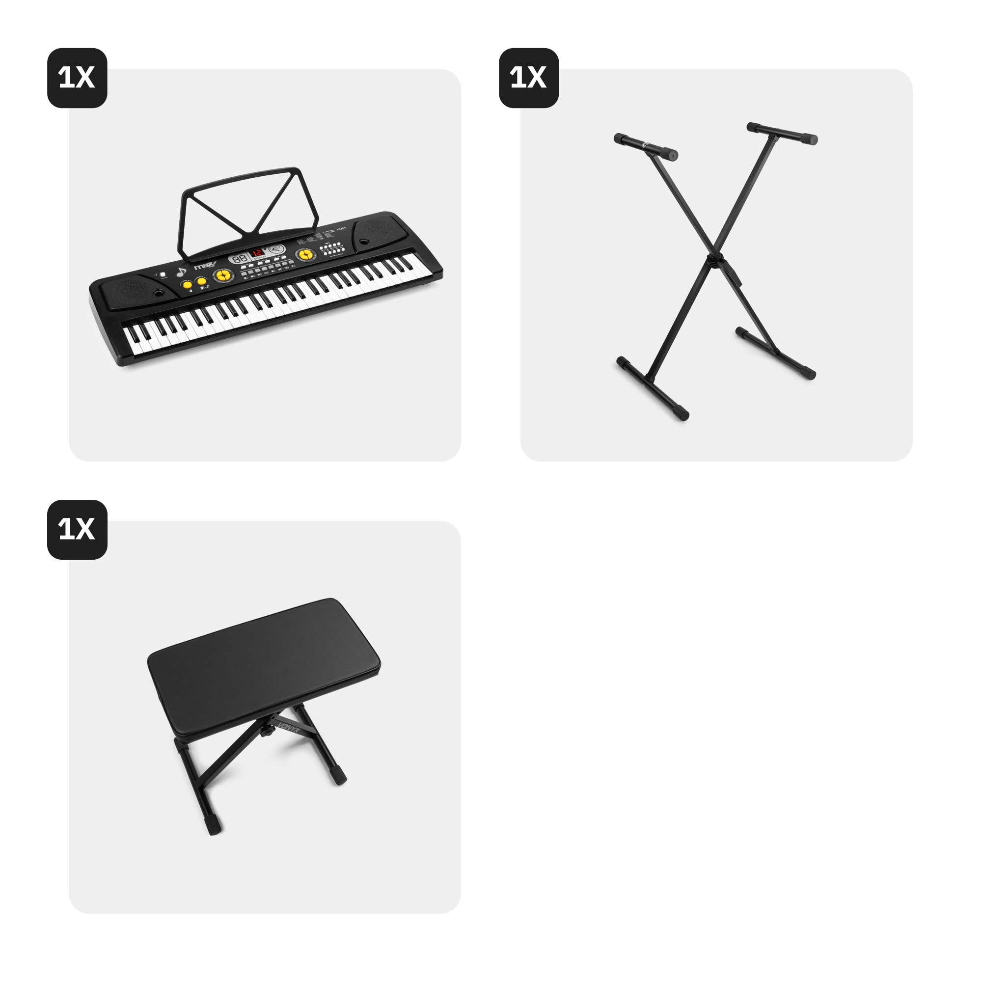 Un teclado negro con atril, un soporte de teclado en X y un taburete.