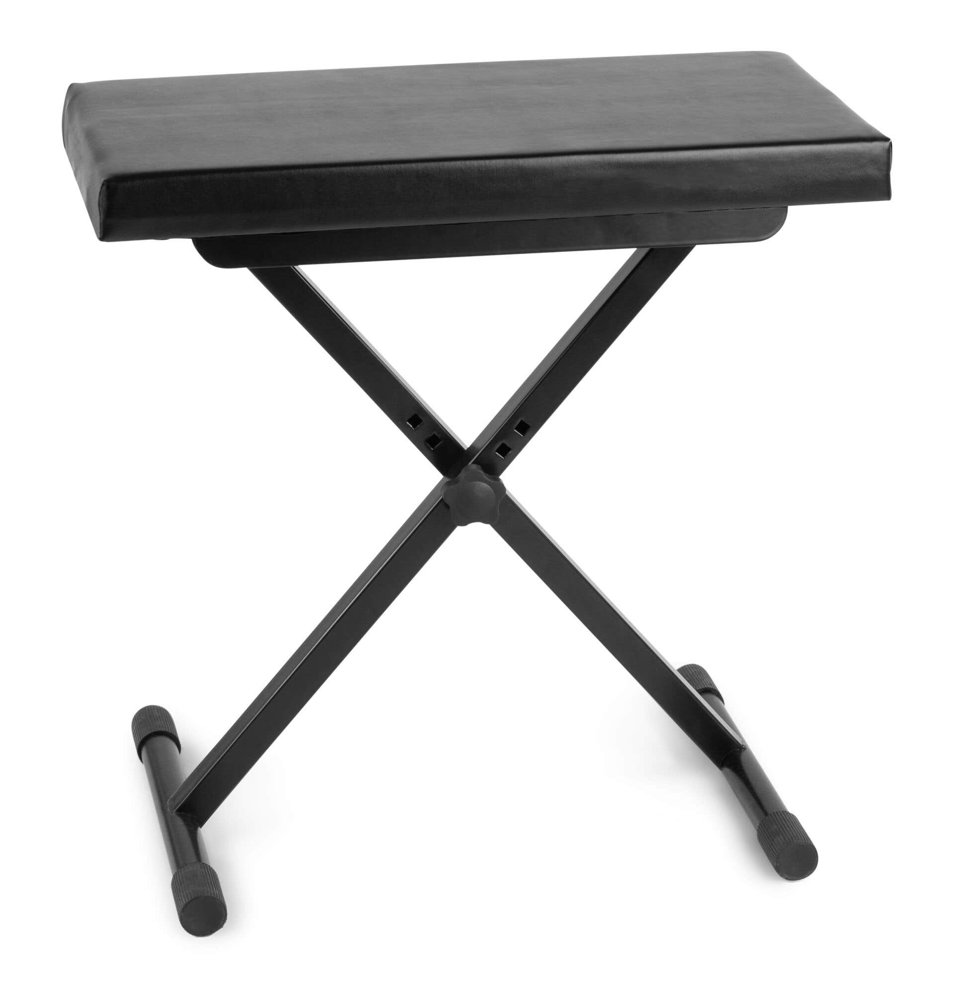 Banco de piano acolchado negro con patas metálicas negras en X.