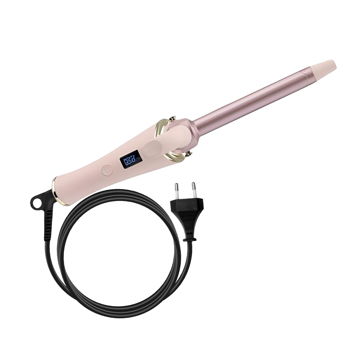 Ein rosafarbener Lockenstab mit schwarzem Kabel und Stecker.