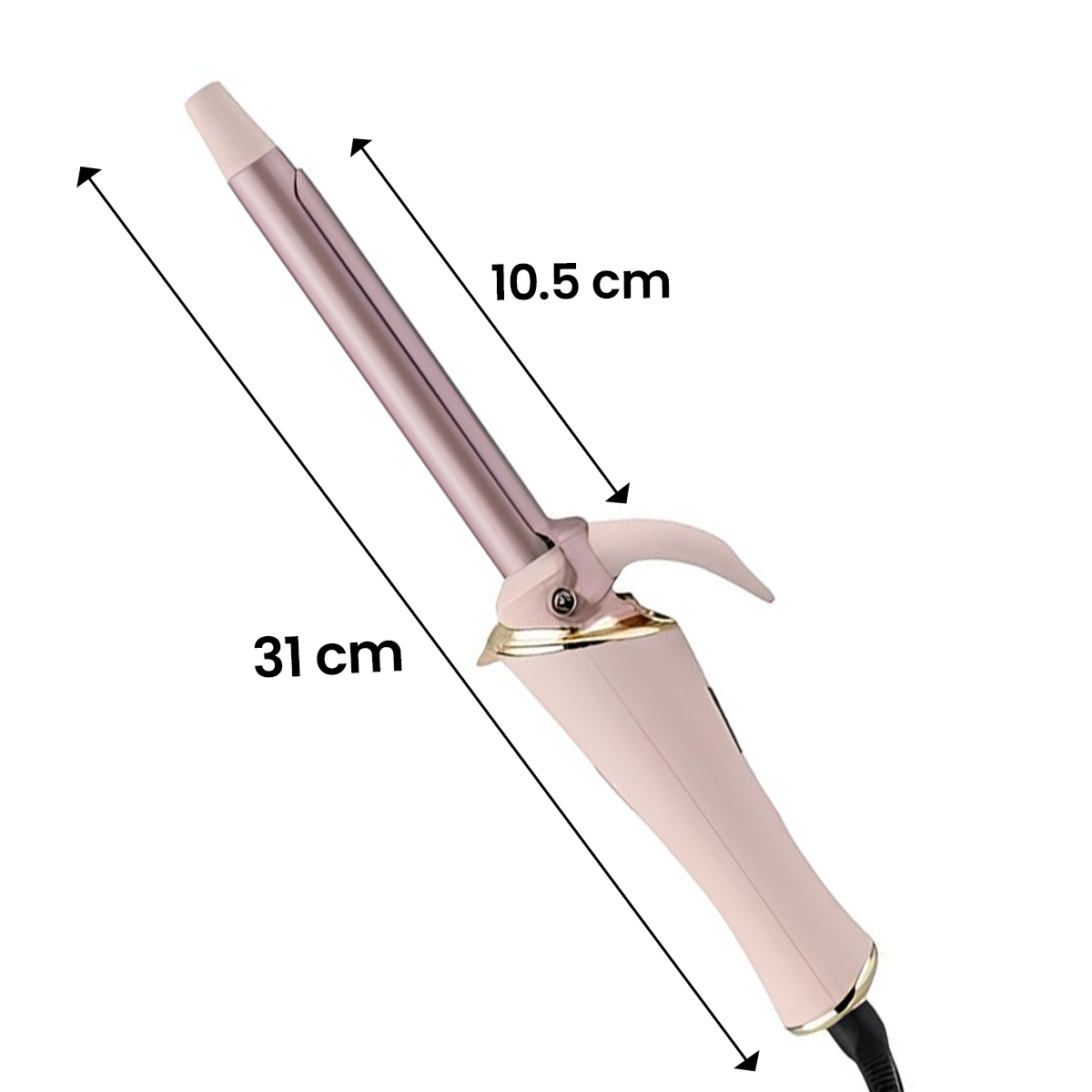 Ein roségoldener Lockenstab mit einem 31 cm langen Gehäuse und einem 10,5 cm langen Heizstab.