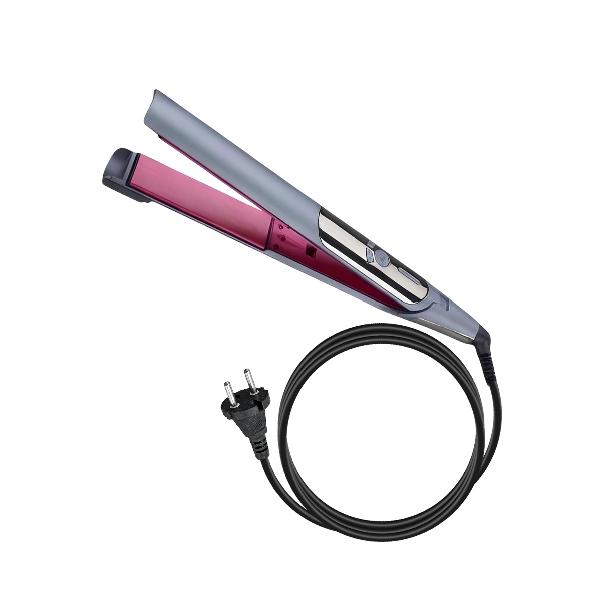 Ein offener Haarglätter mit rosa Platten und grauem Gehäuse, mit schwarzem Kabel.