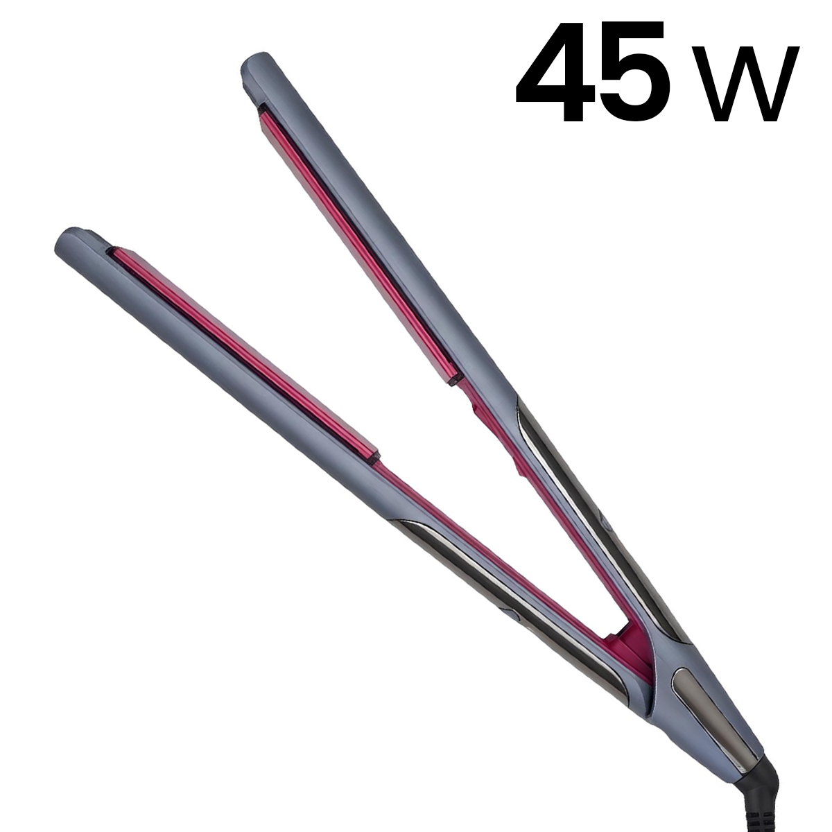 Ein offener Haarglätter in Grau und Pink mit 45W Leistung.