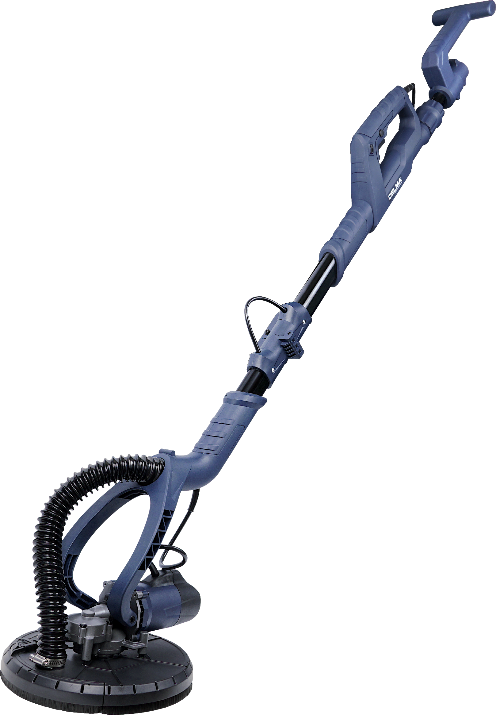 Niebieska szlifierka do płyt gipsowo-kartonowych z czarnym wężem i uchwytami na czarnym tle.