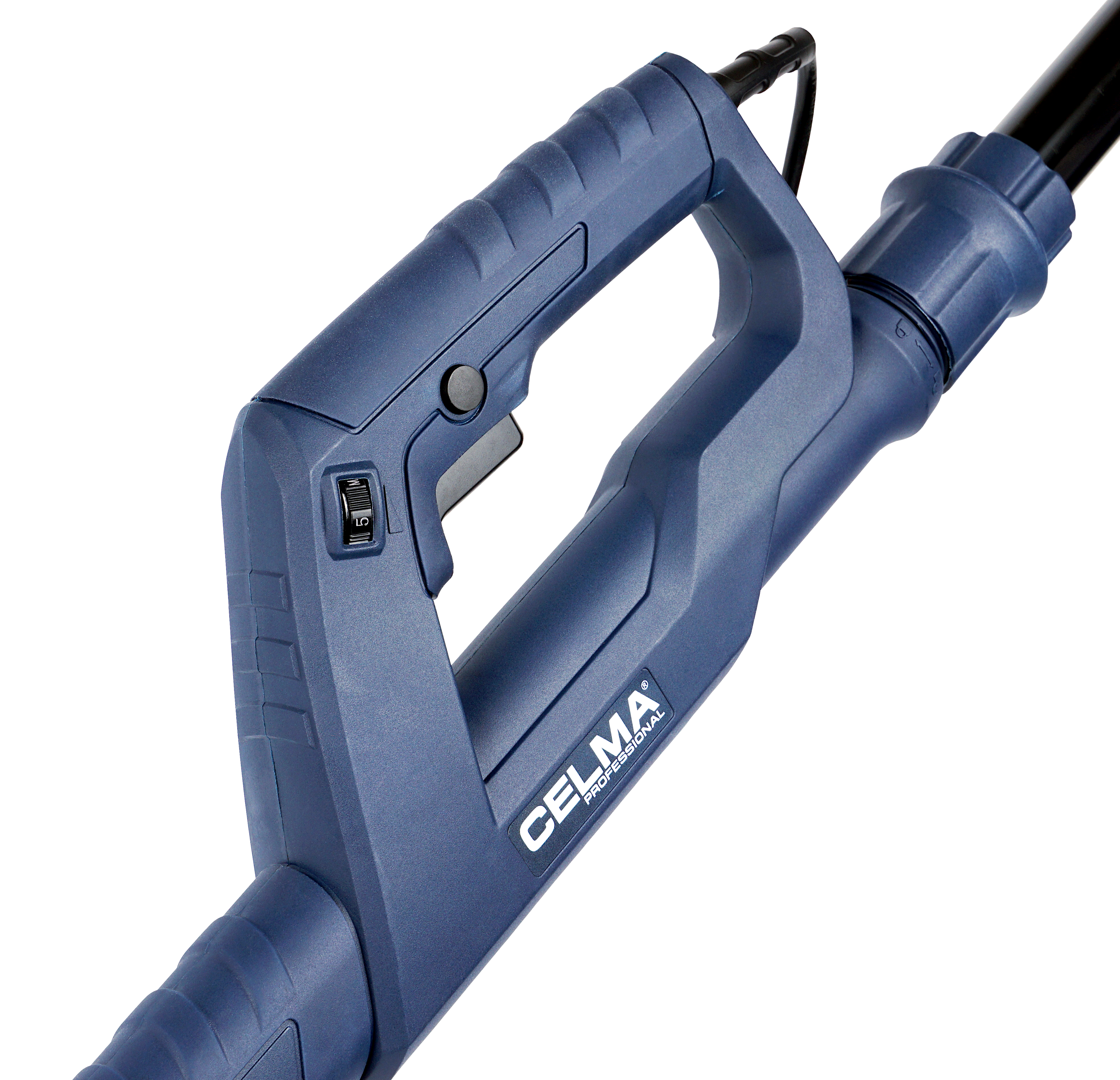 Niebieskie narzędzie z uchwytem, przełącznikiem i logo.