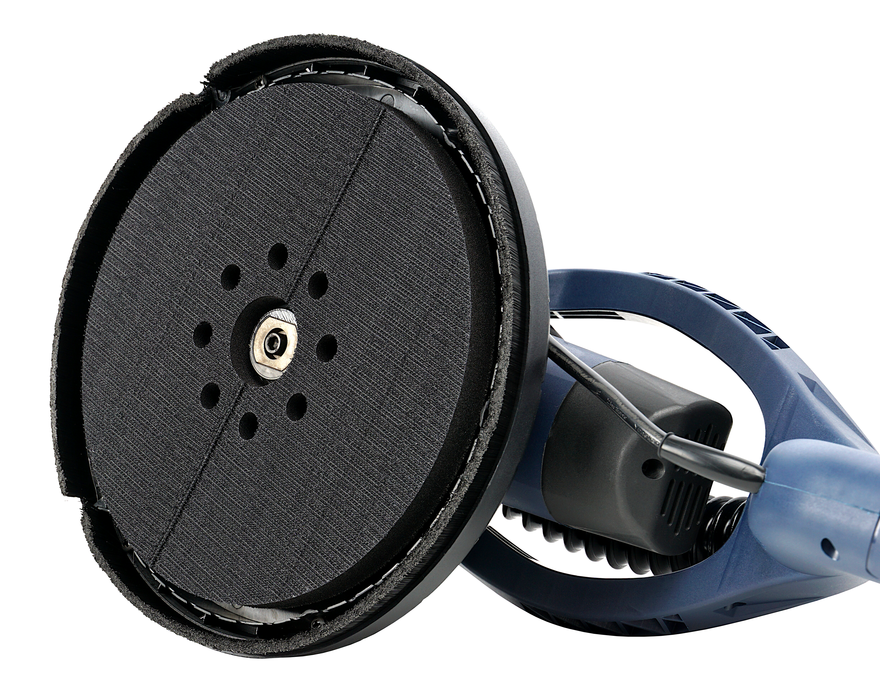 Niebieska szlifierka z czarną tarczą szlifierską i metalowym mocowaniem.