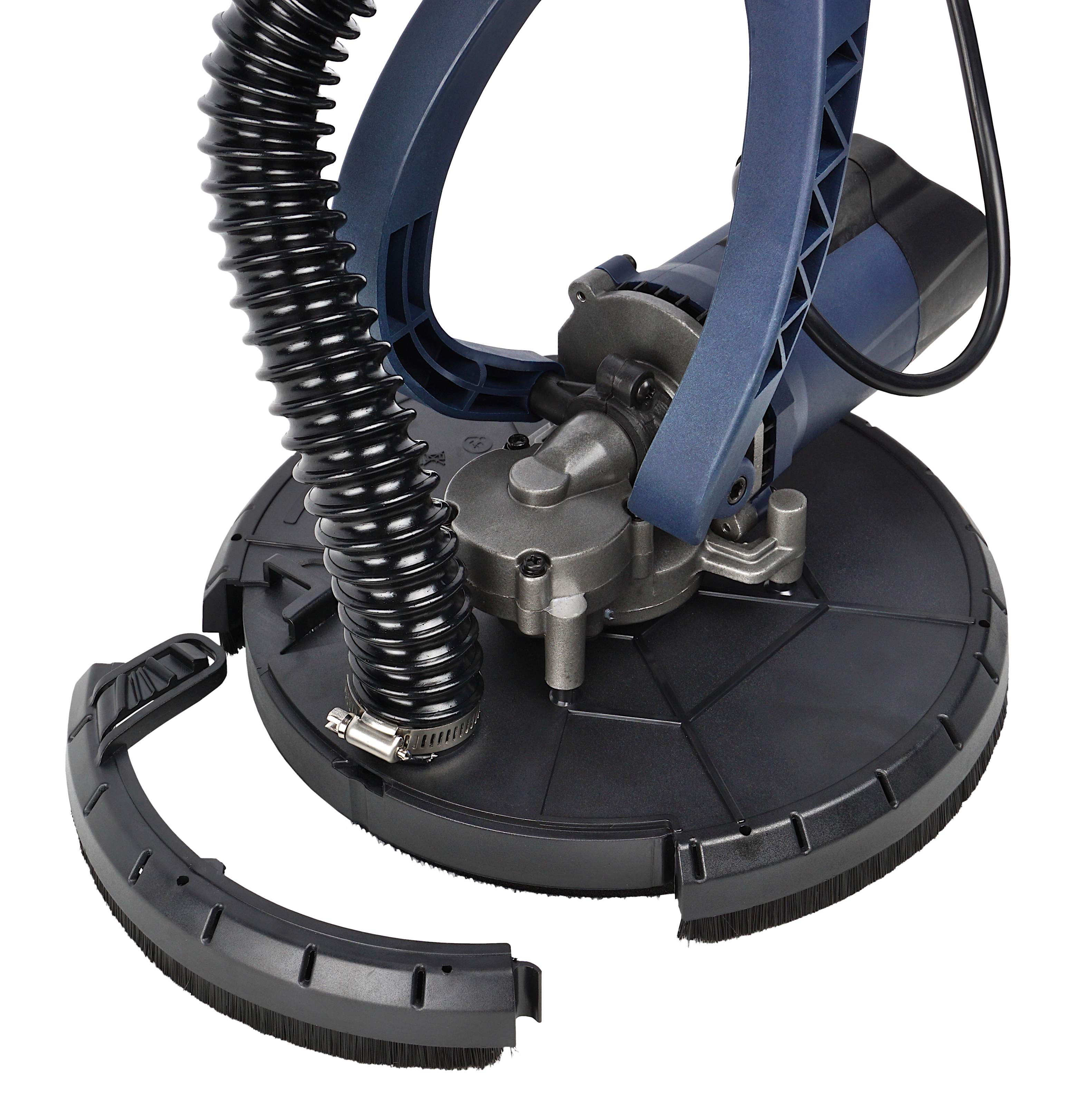 Niebieska szlifierka z czarnym wężem i krawędzią szczotkową.