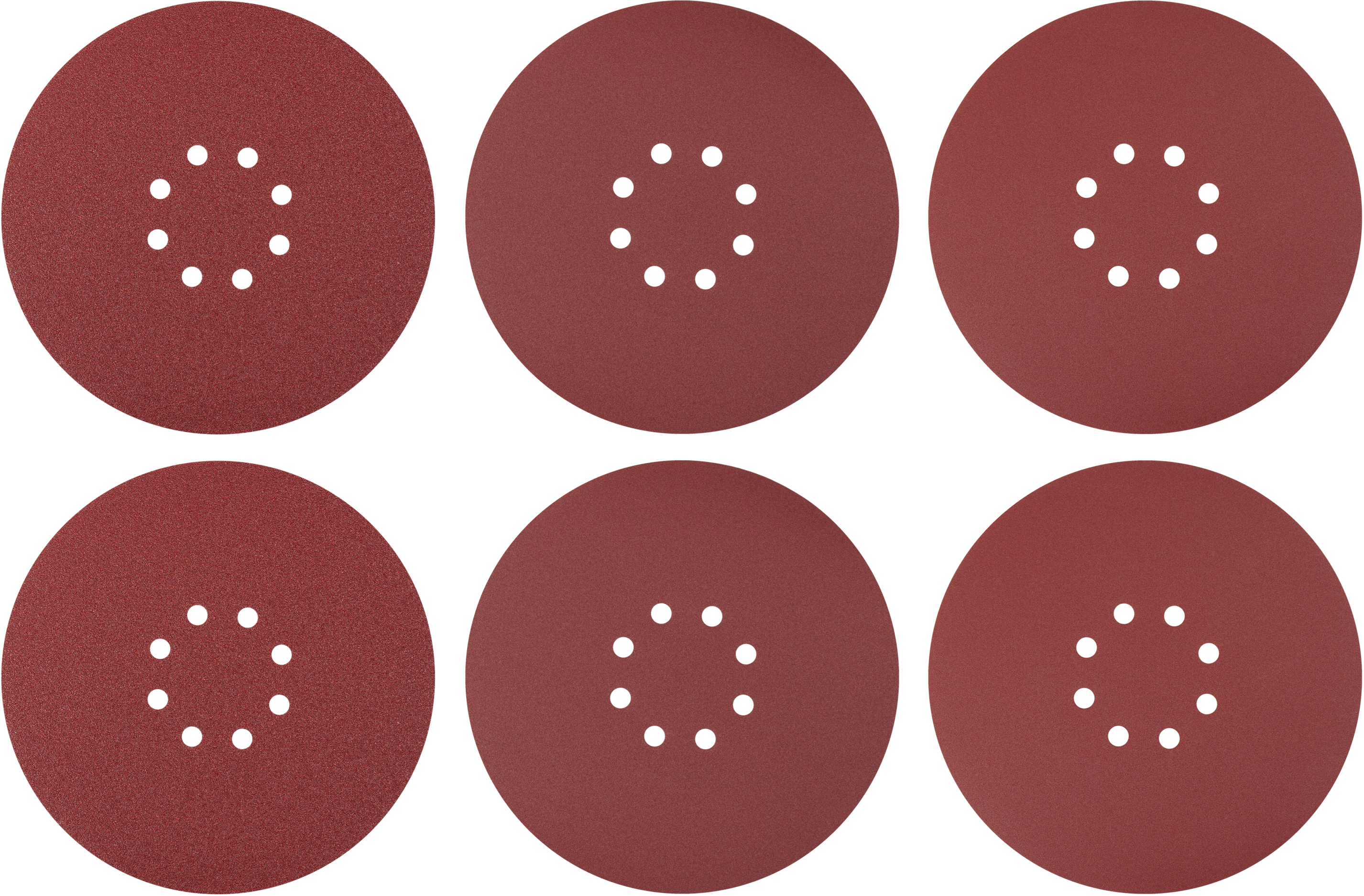 Sześć okrągłych, czerwonych tarcz szlifierskich z czarnymi otworami pośrodku.