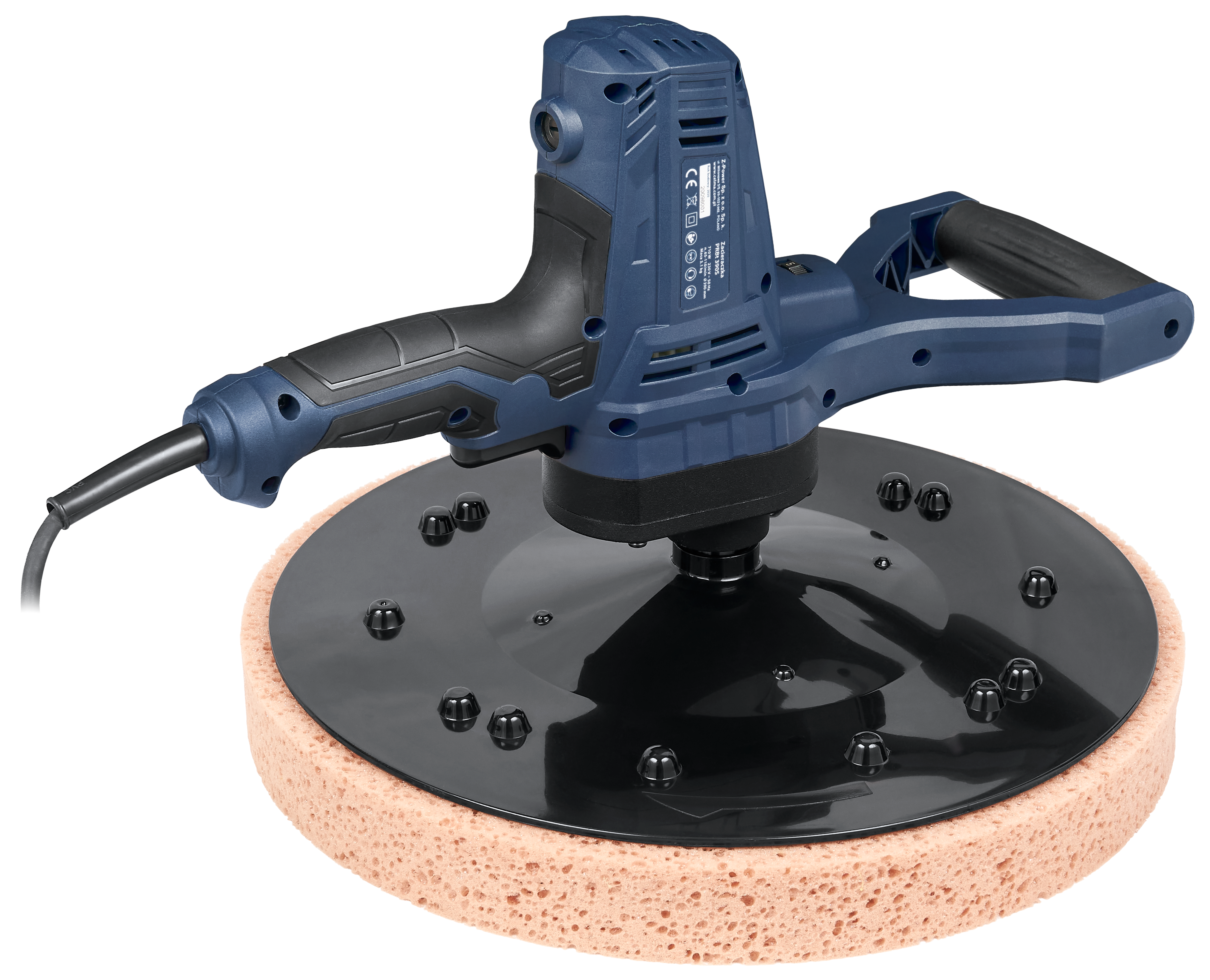 Niebieska mieszarka elektryczna z gąbczastym dyskiem i czarnym uchwytem.