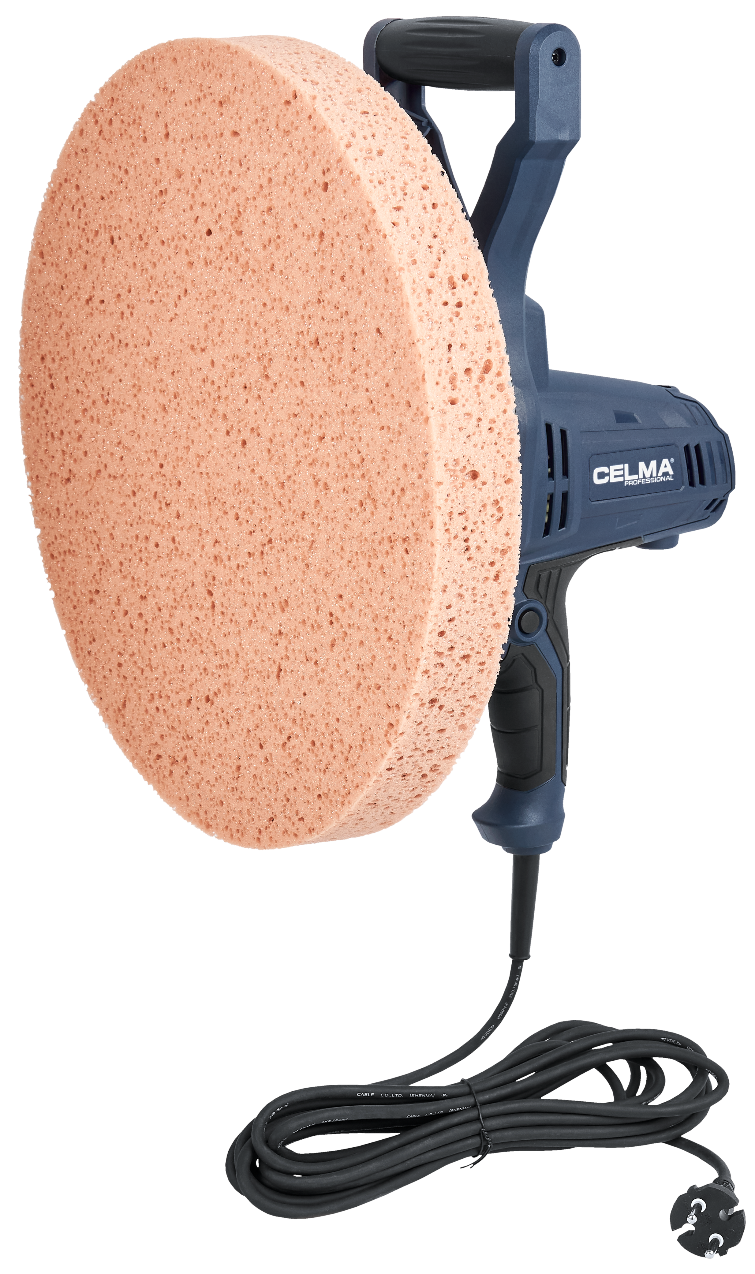 Niebieska polerka z dużą, różową gąbką i czarnym kablem.