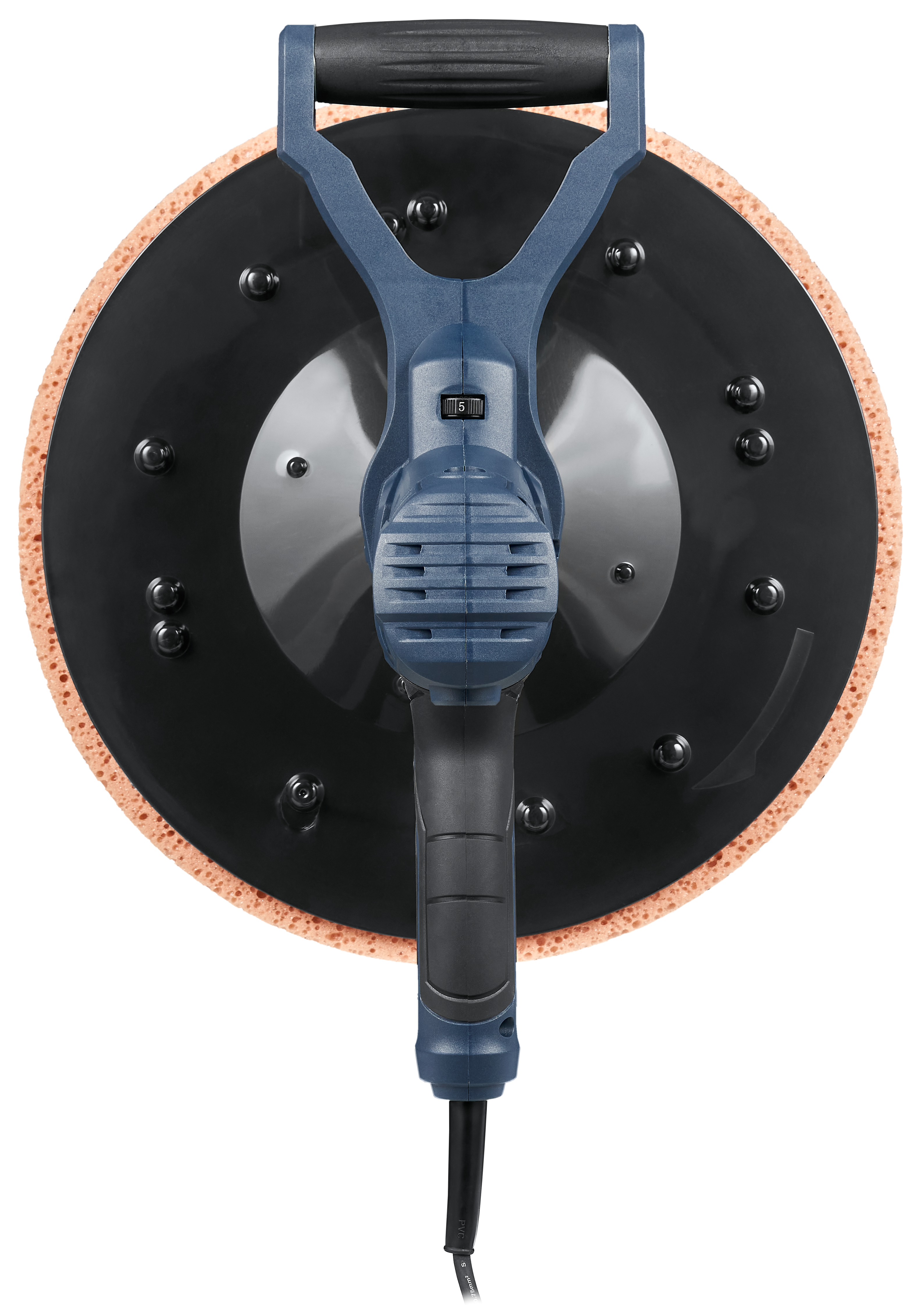 Niebiesko-czarna szlifierka z okrągłą, pomarańczową podkładką szlifierską.