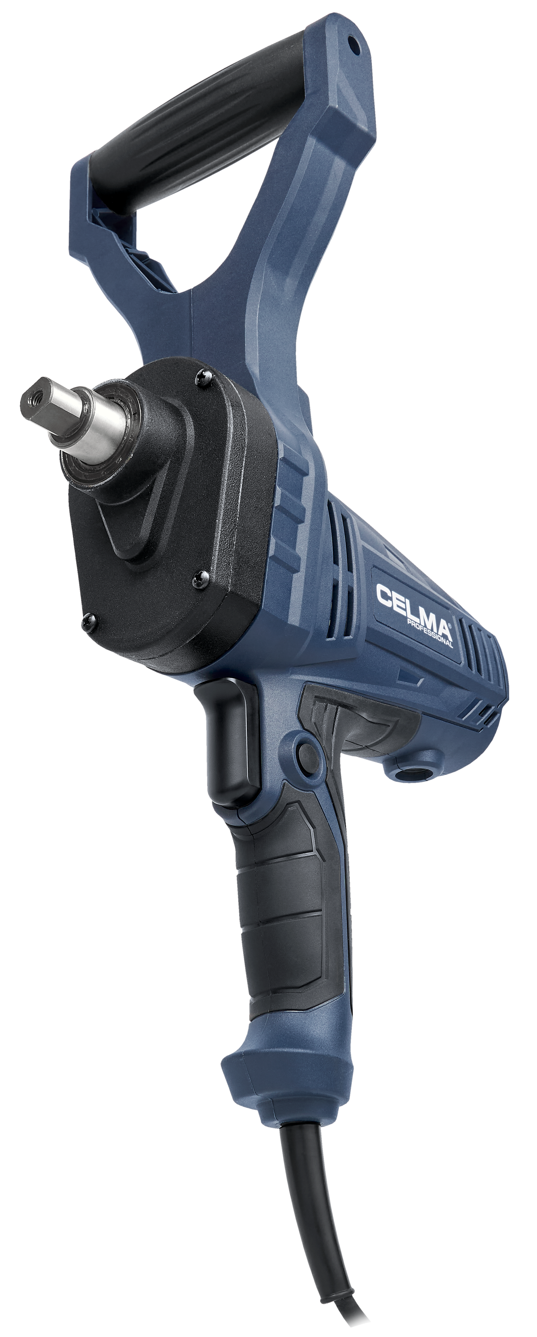 Niebieska wiertarka elektryczna z czarnym uchwytem i metalowym uchwytem.