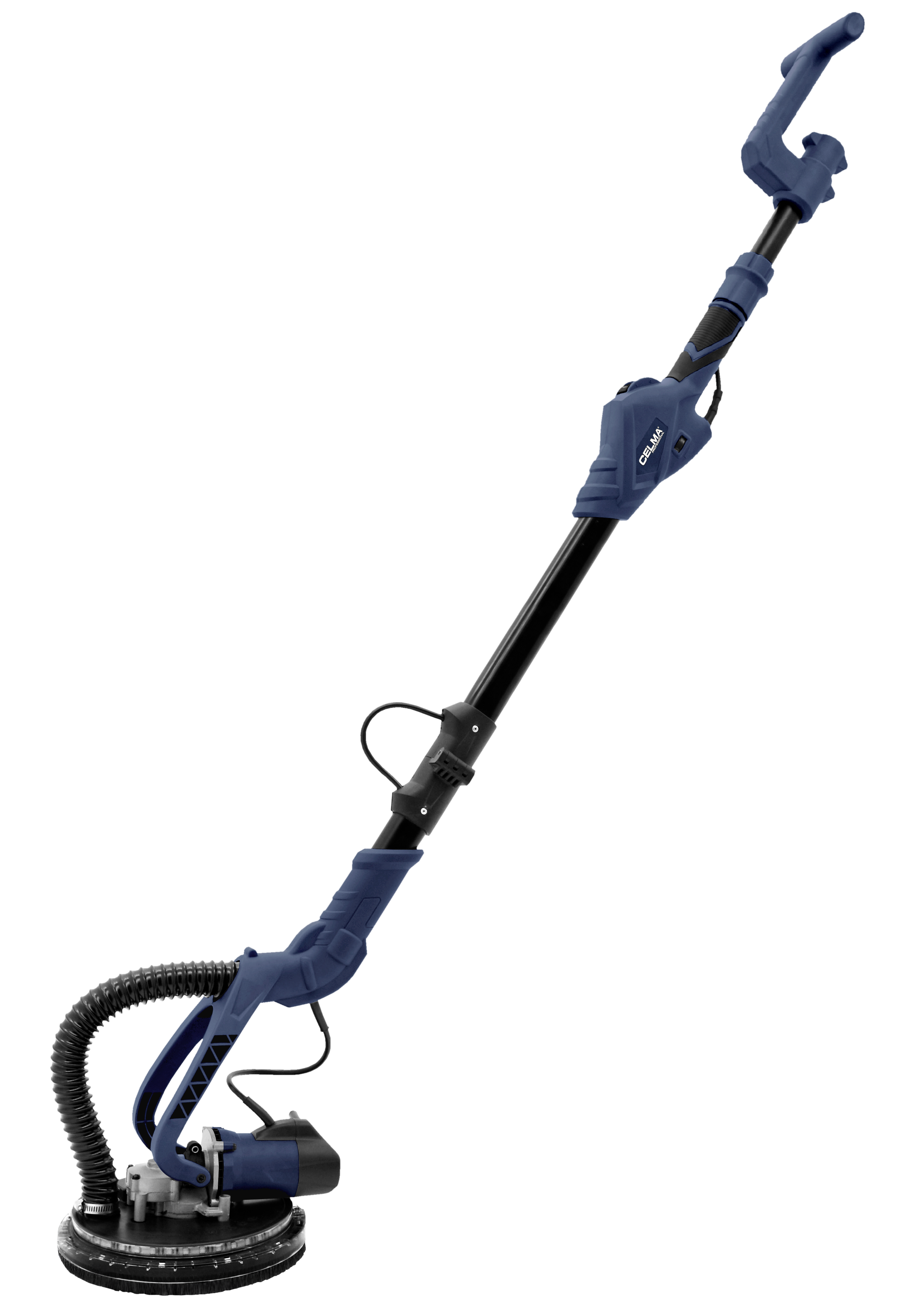 Niebieska szlifierka teleskopowa z czarnym wężem i uchwytem.