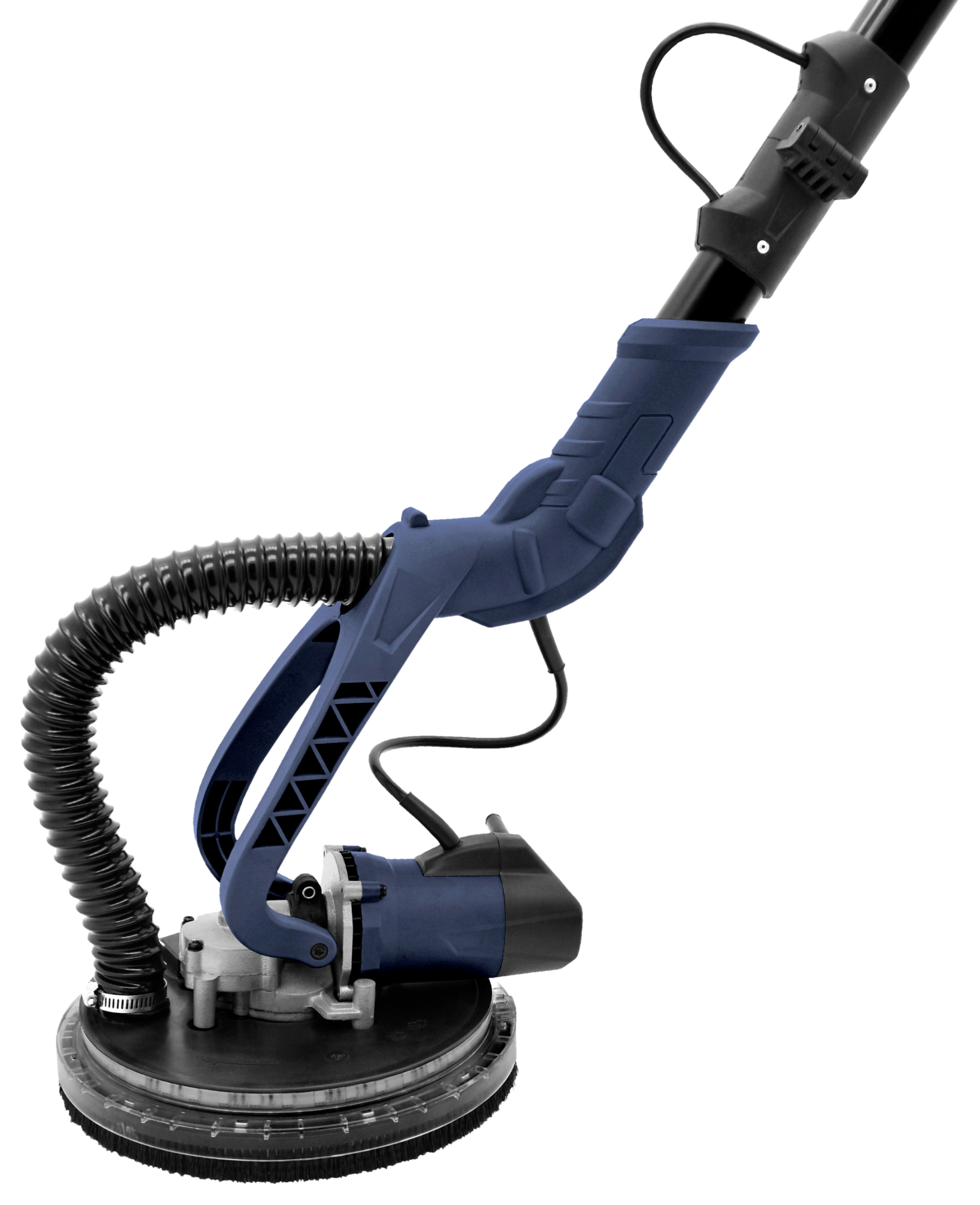 Niebieska i srebrna szlifierka do płyt gipsowo-kartonowych z czarnym wężem i kablem.