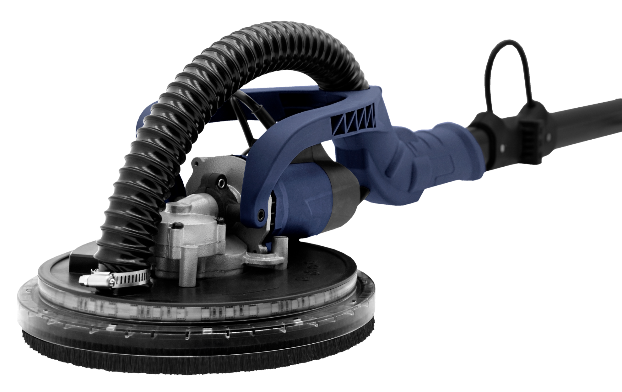 Niebieska głowica szlifierska z czarnym wężem i uchwytem, na czarnym tle.