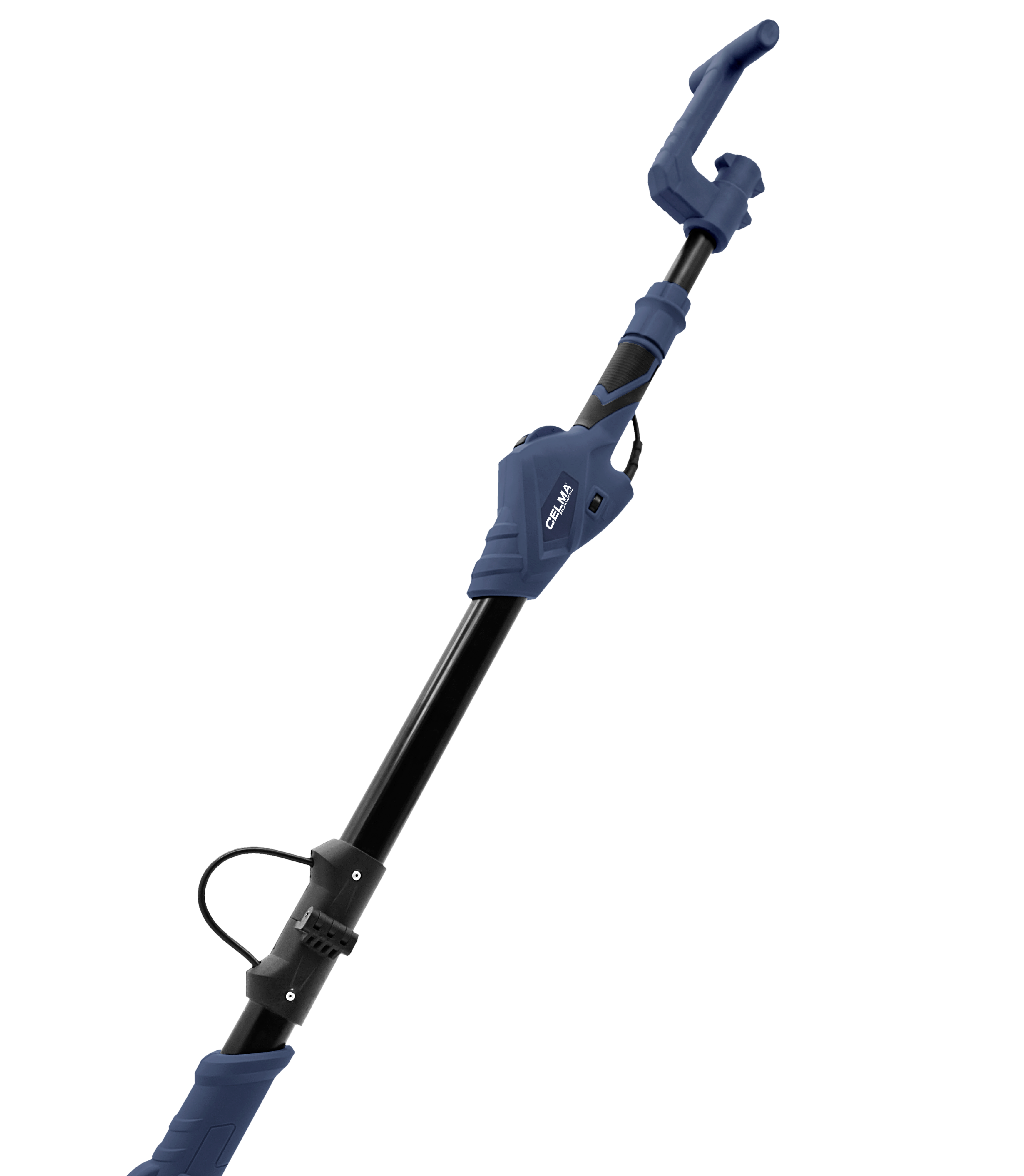 Niebieski drążek teleskopowy z czarnym trzonkiem i detalami uchwytu.