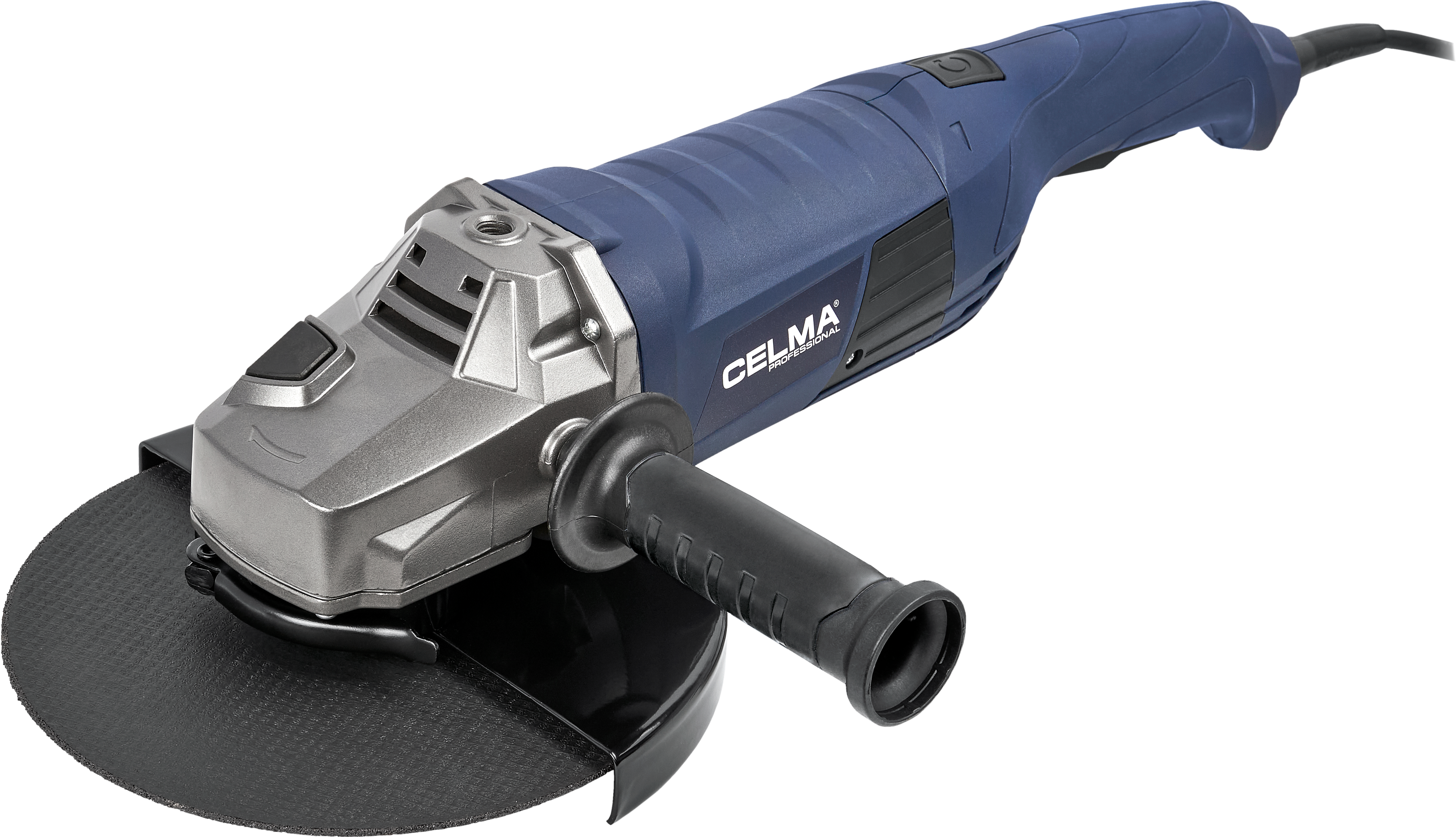 Niebieska szlifierka kątowa ze srebrnymi akcentami i czarnym uchwytem.