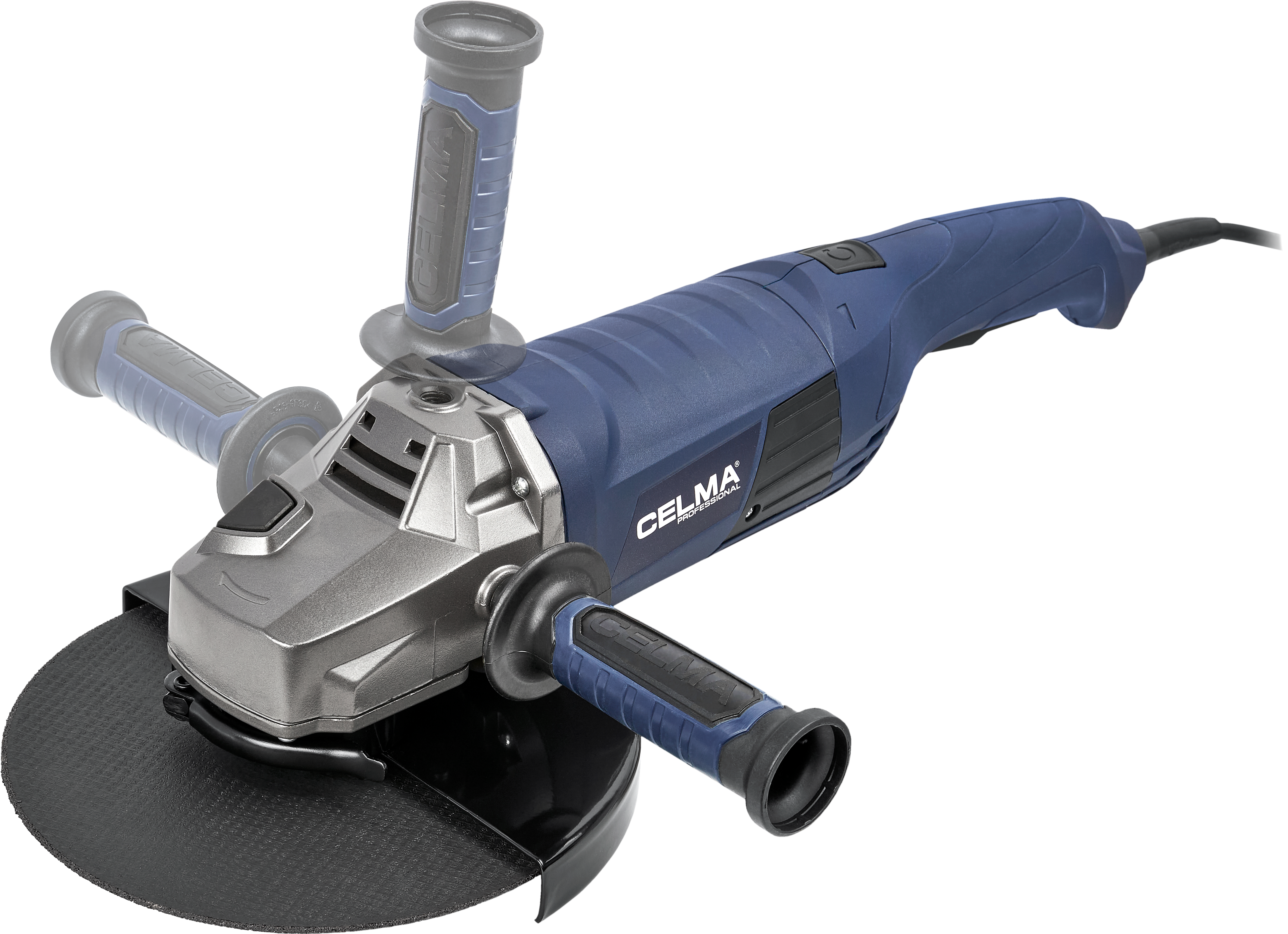 Niebieska szlifierka kątowa z trzema uchwytami i tarczą tnącą na czarnym tle.