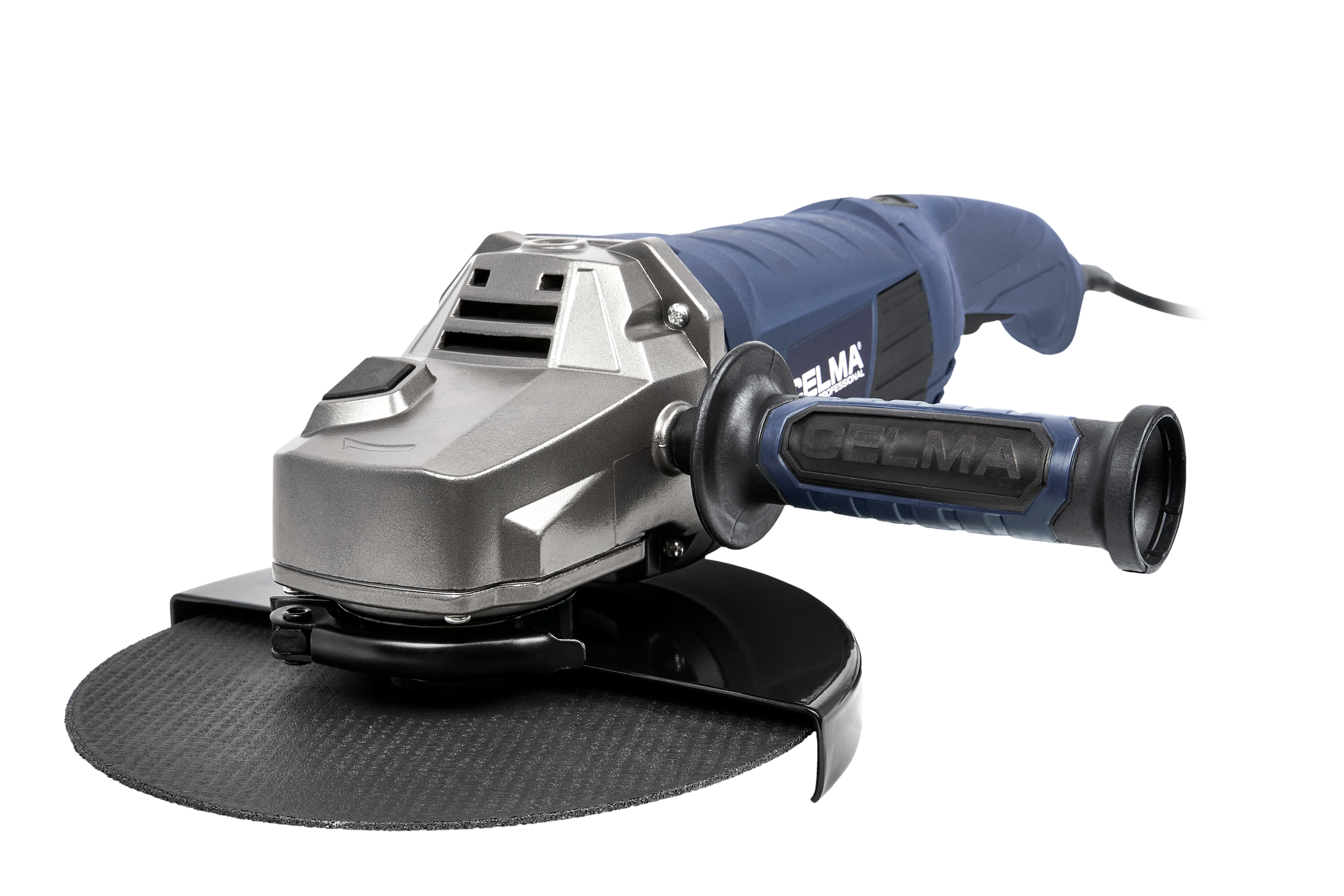Niebieska szlifierka kątowa z srebrną obudową i czarną tarczą tnącą.