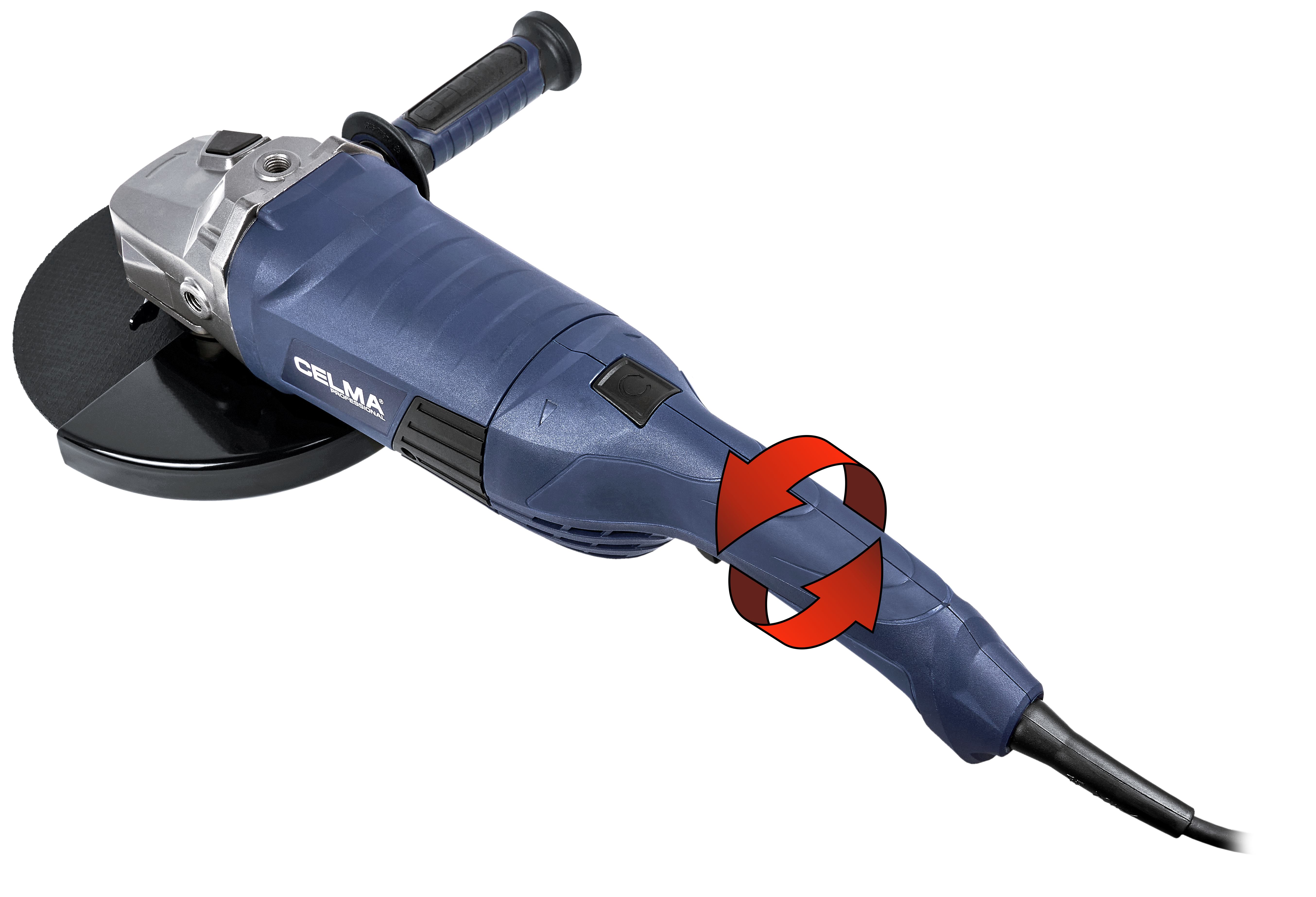 Niebieska szlifierka kątowa z tarczą i uchwytem, ze wskazującymi rotację czerwonymi strzałkami.