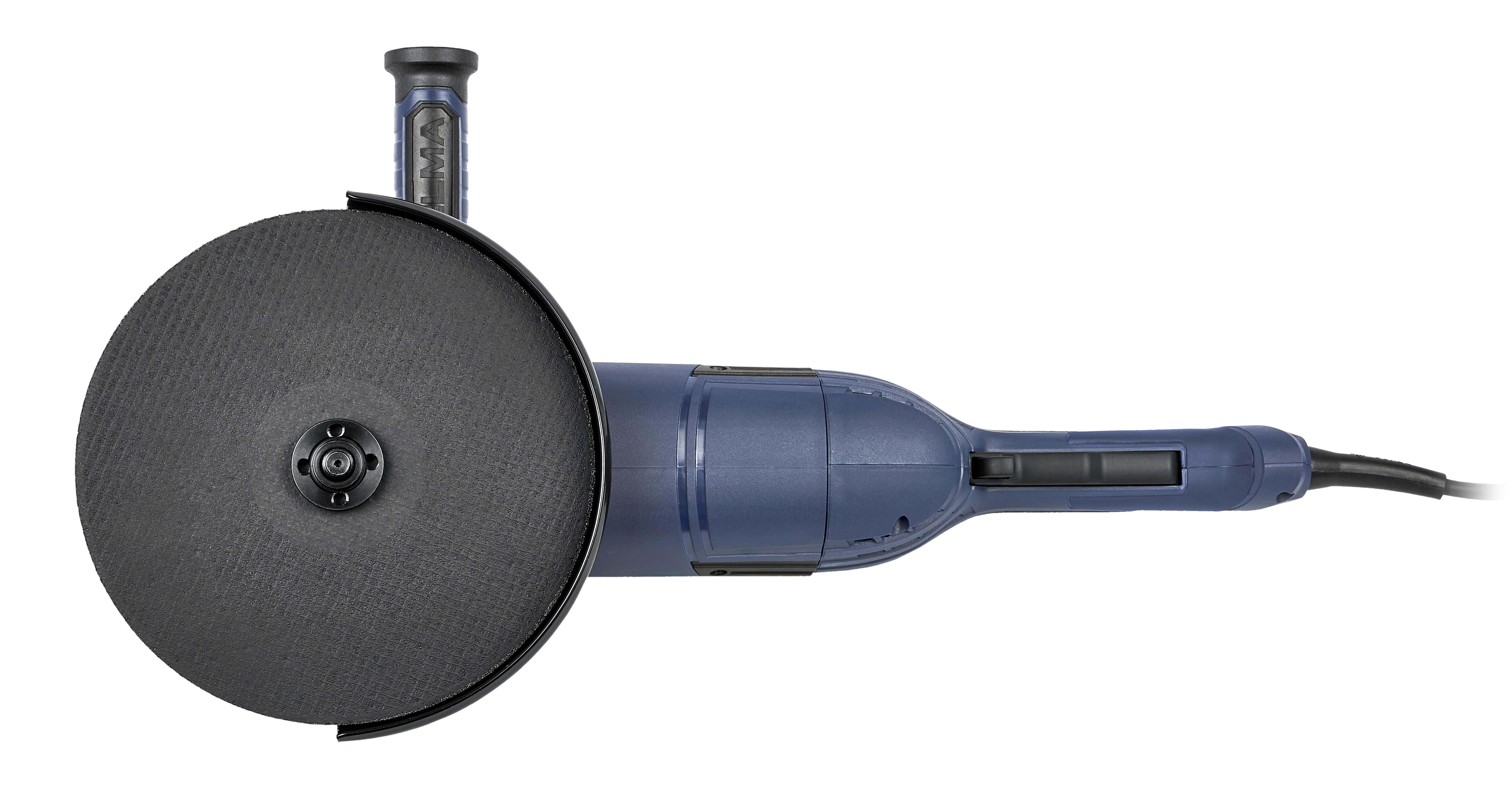 Niebieska szlifierka kątowa z tarczą i uchwytem, na czarnym tle.