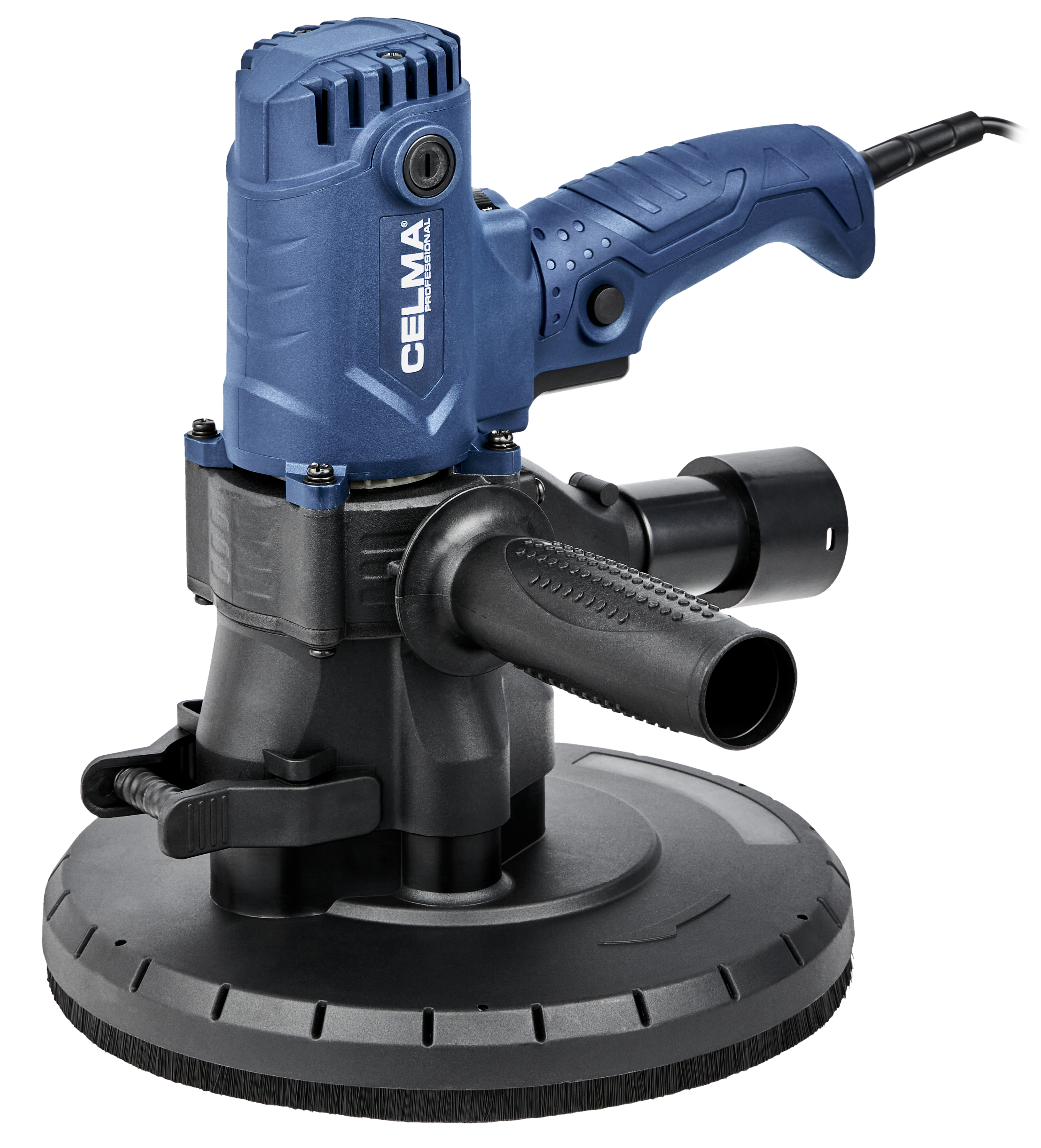 Niebieska i czarna szlifierka podłogowa z uchwytem i szczotką.