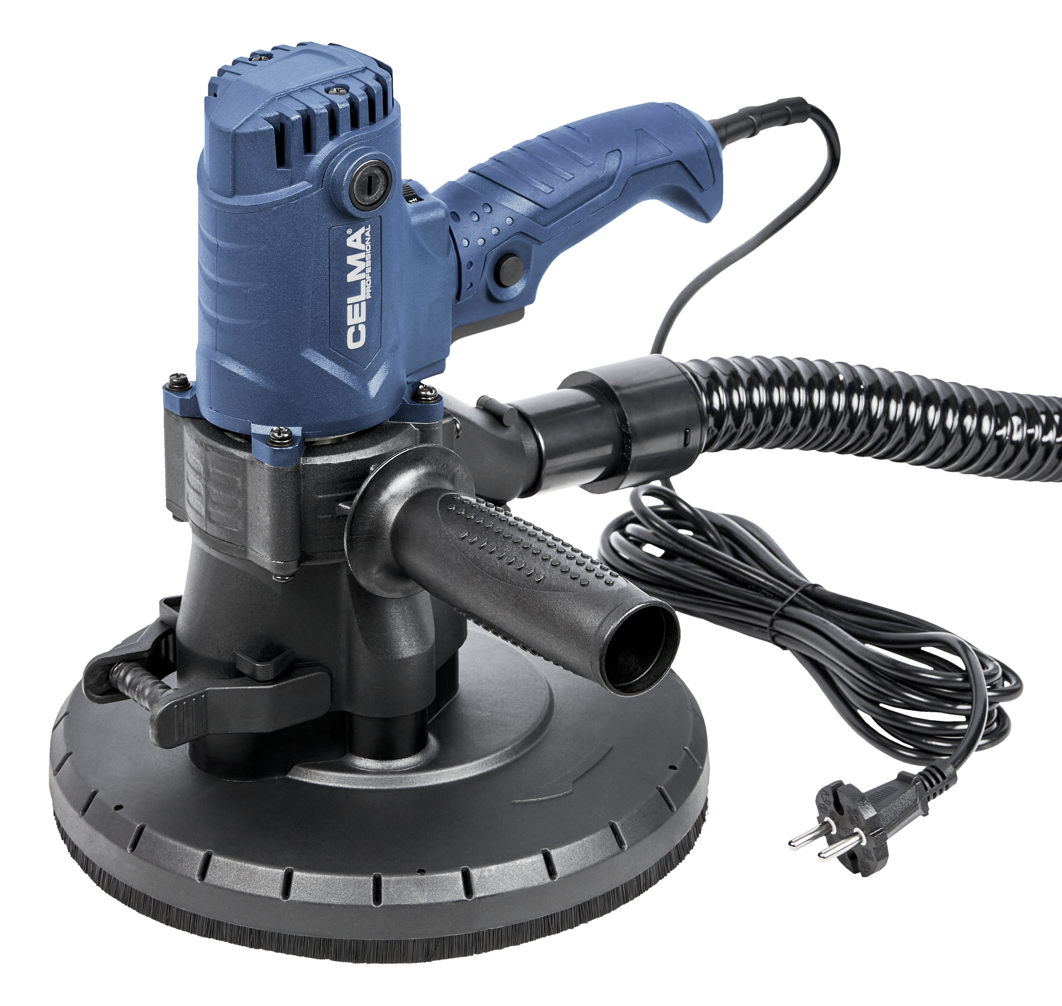 Niebieska polerka z czarnym uchwytem, wężem i kablem na czarnym tle.