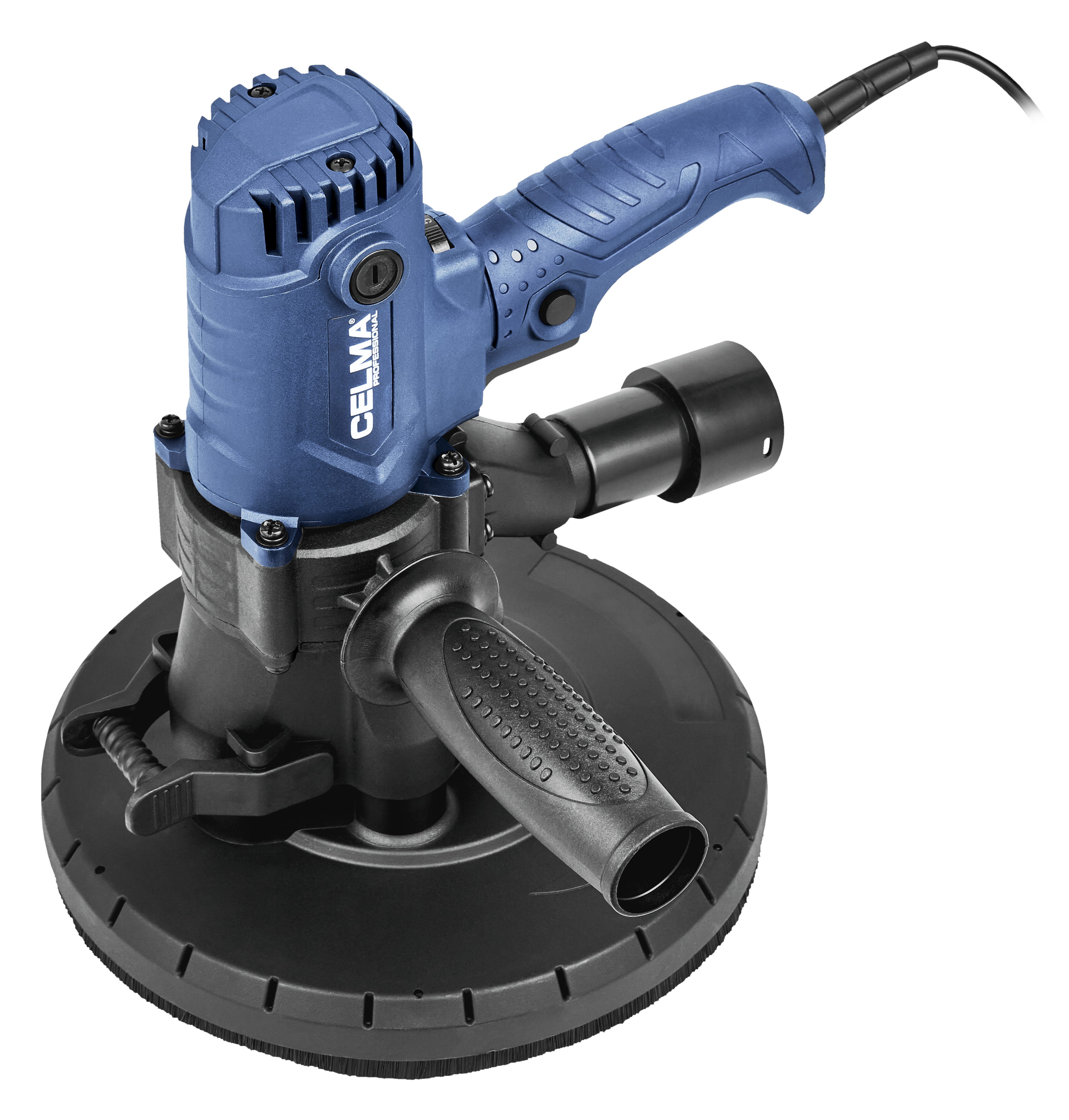 Niebieska wiertarka CELMA z okrągłą szczotką i uchwytem.