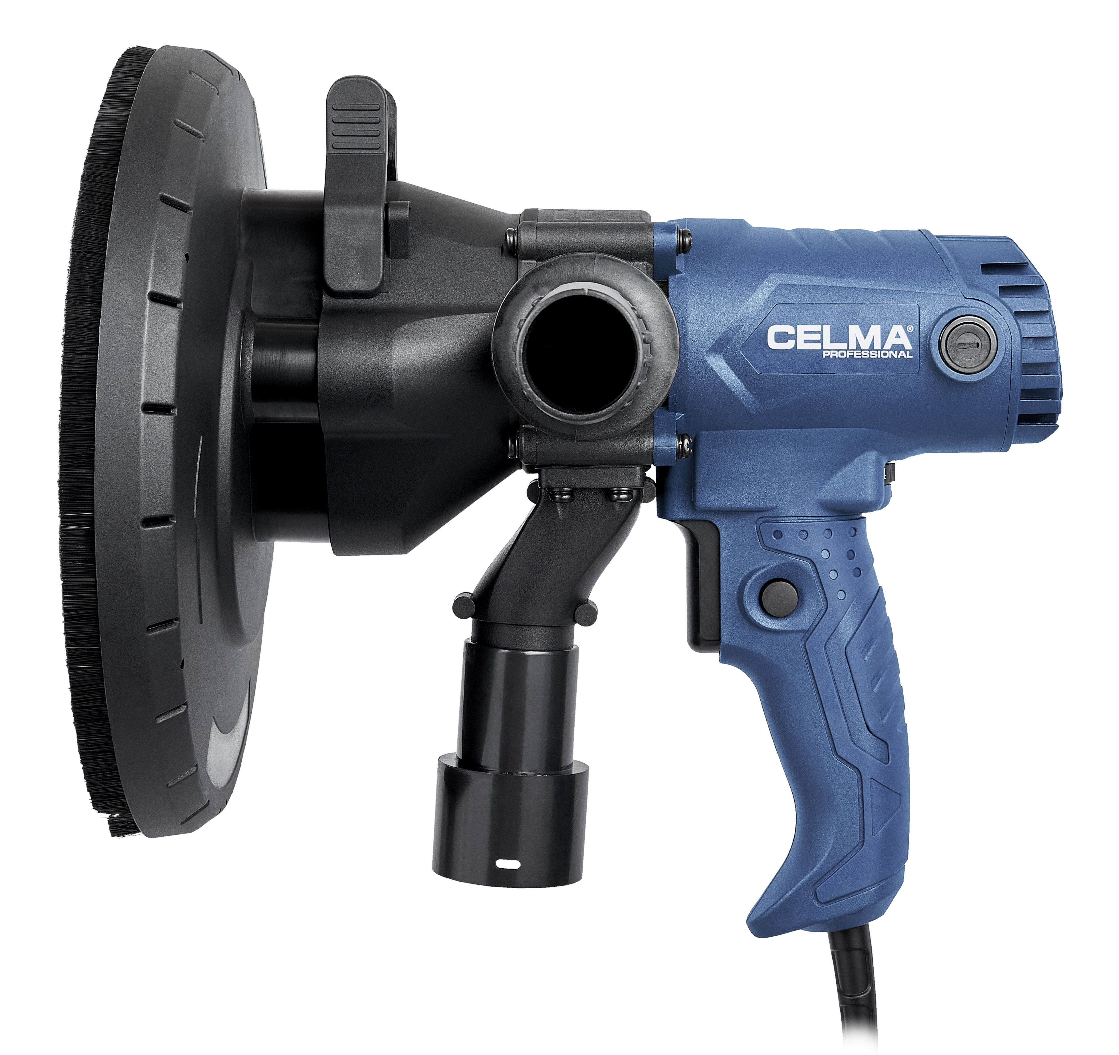 Niebieska szlifierka z czarną głowicą szczotkową i przyłączem ssącym.