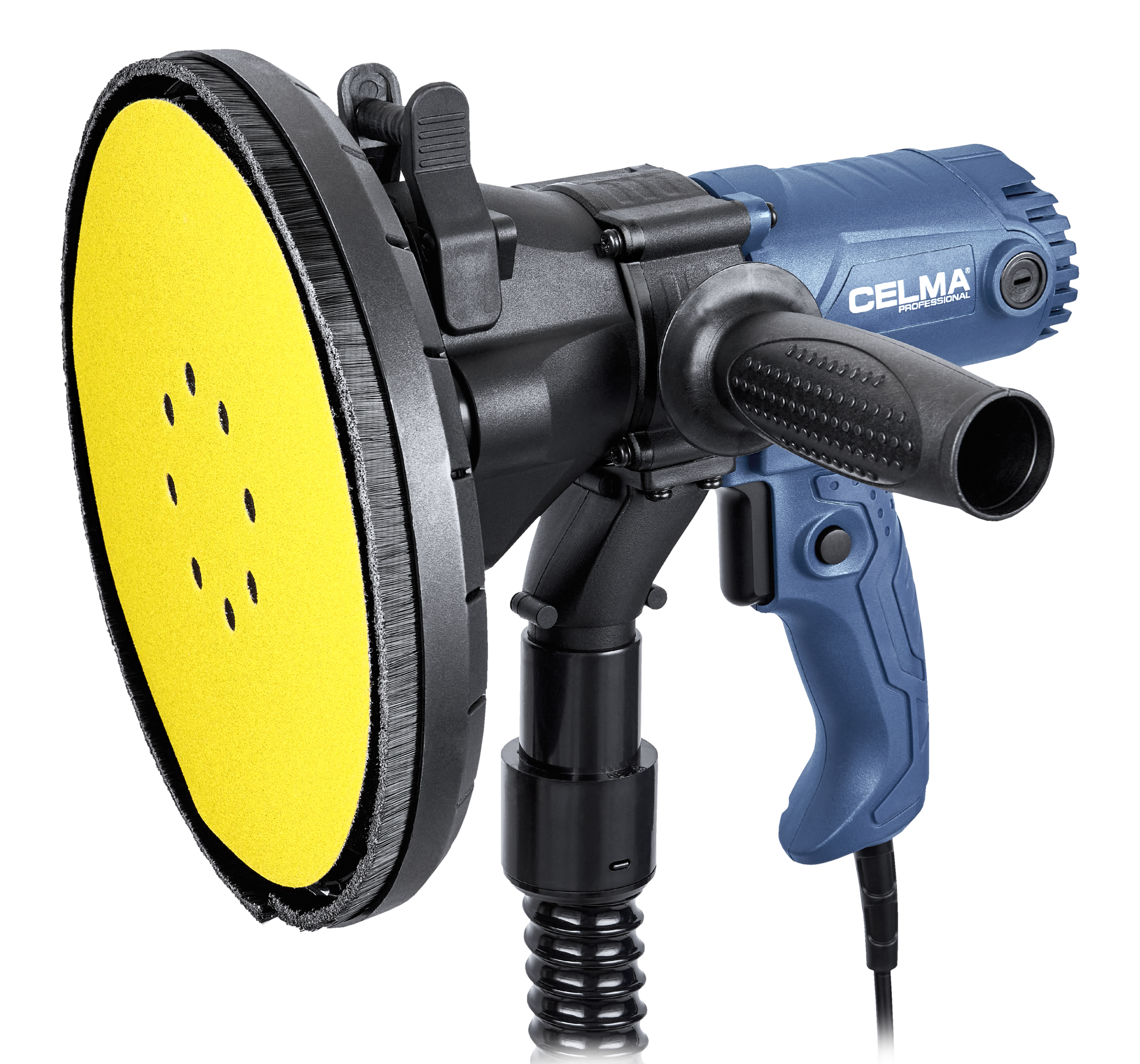 Niebieska szlifierka do płyt gipsowo-kartonowych CELMA z żółtym talerzem i czarnym uchwytem.