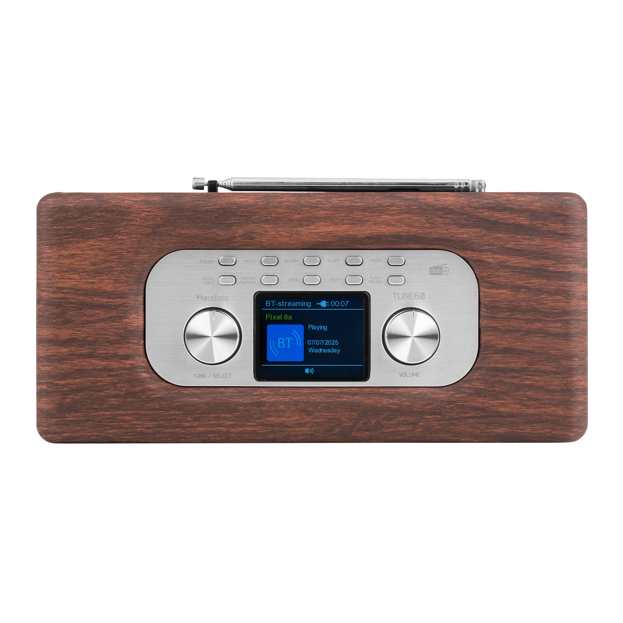 Radio de madera con panel de control plateado, pantalla muestra BT-streaming.