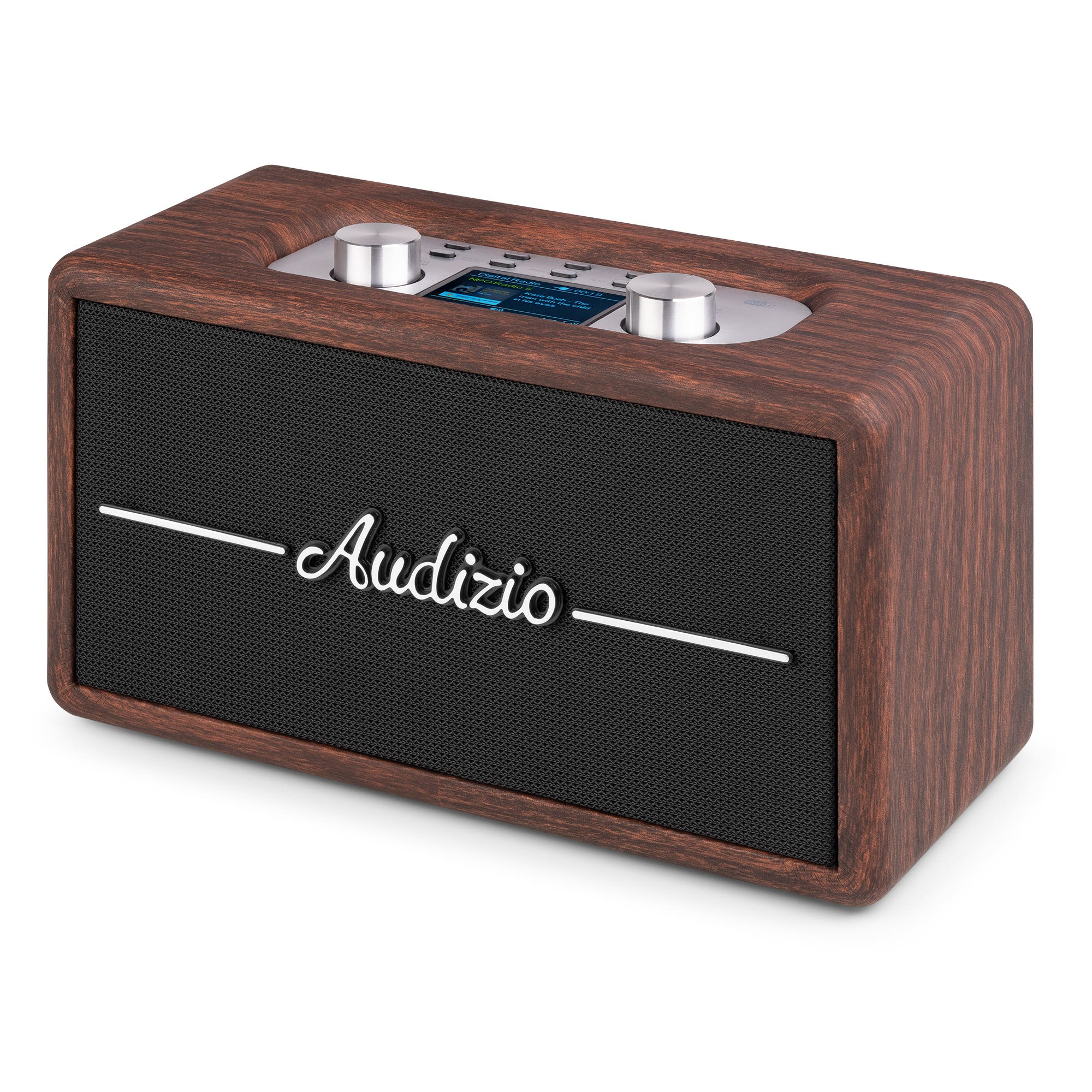 Una radio de madera con rejilla de altavoz negra y perillas plateadas.