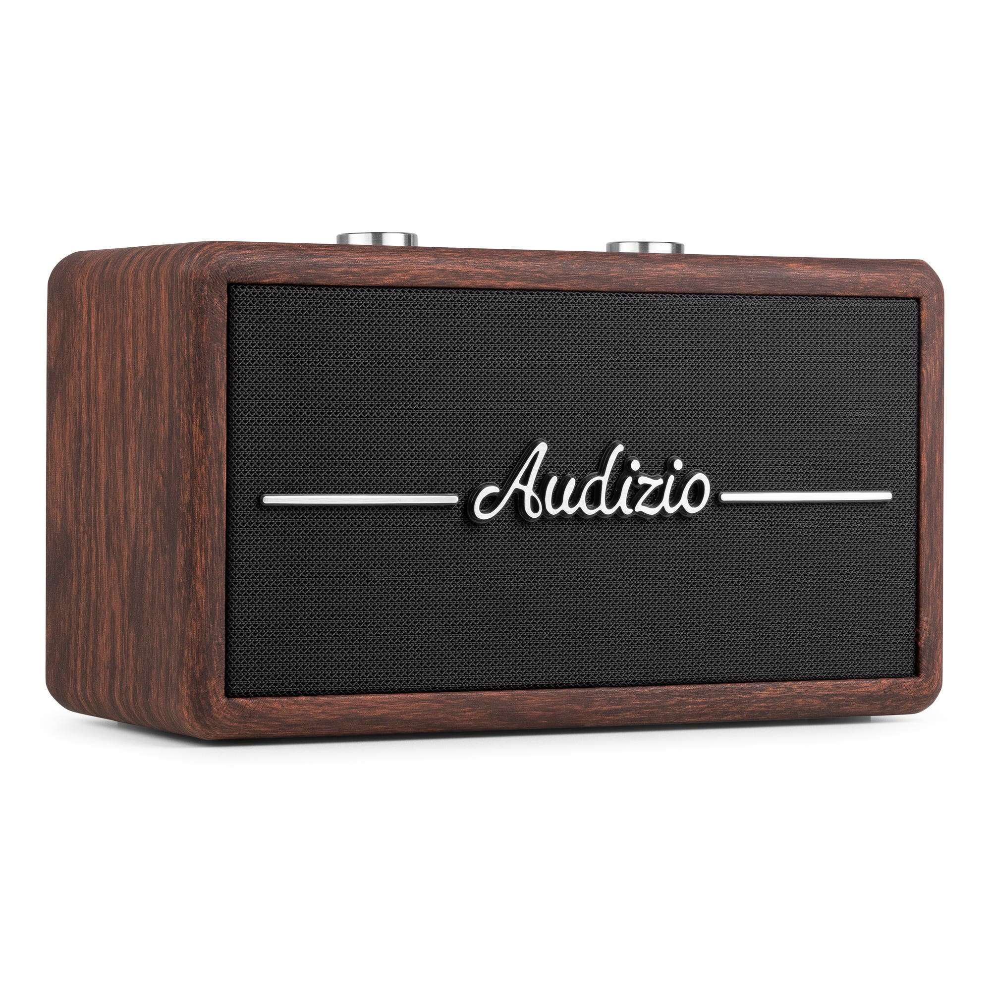 Un altavoz de madera marrón con rejilla negra y perillas plateadas.