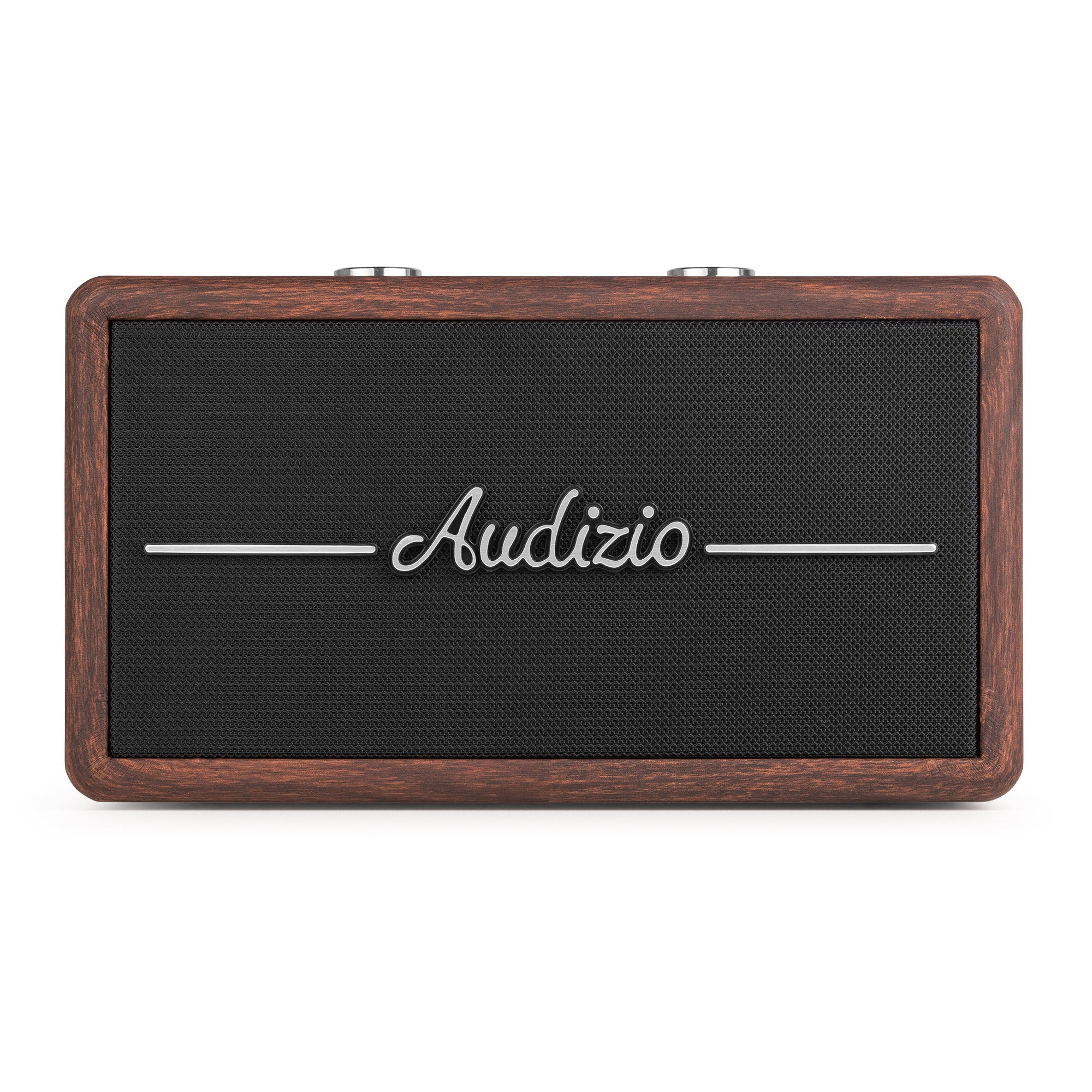 Un altavoz rectangular con marco de madera y rejilla negra con el logo Audizio.