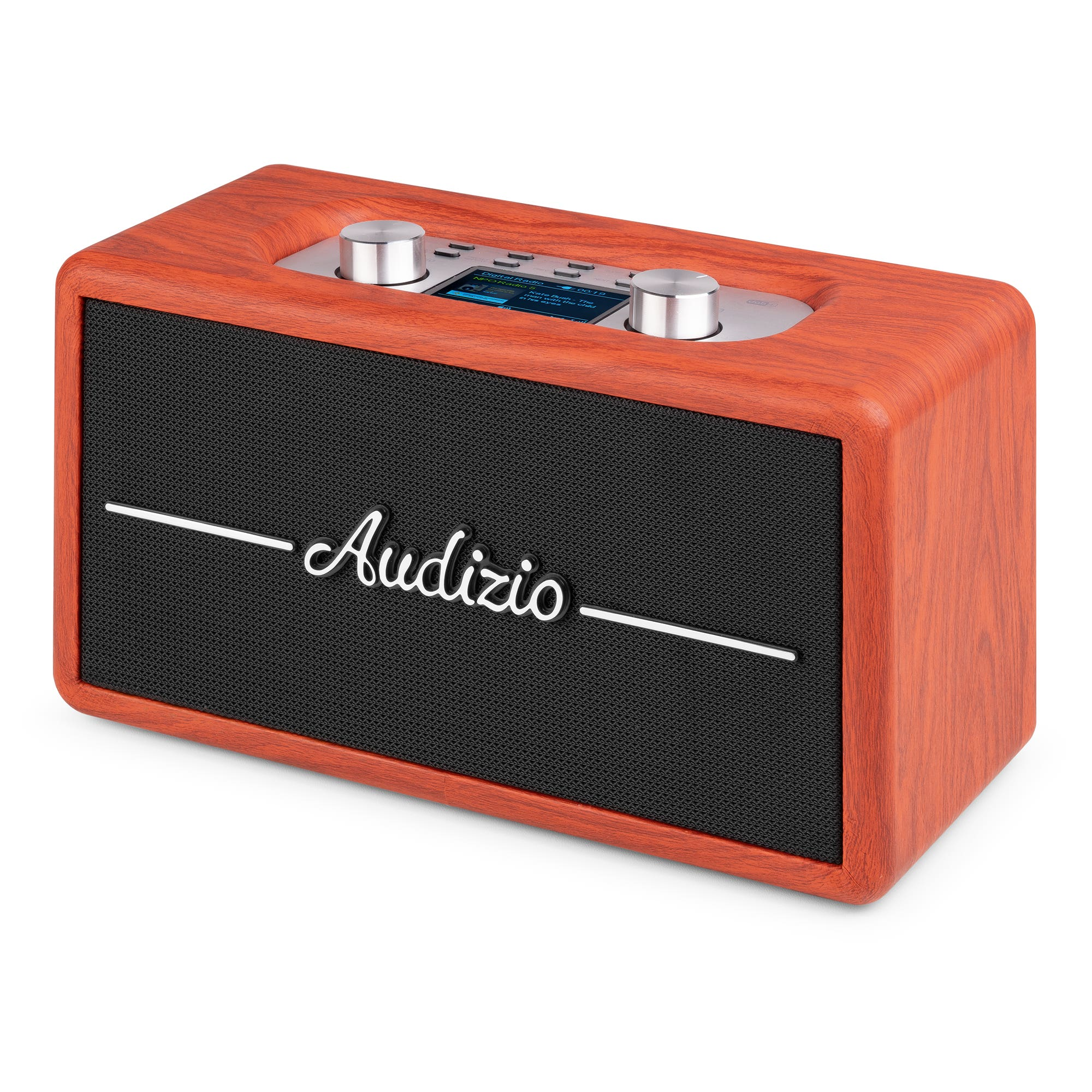 Una radio de madera con rejilla de altavoz negra y perillas plateadas.