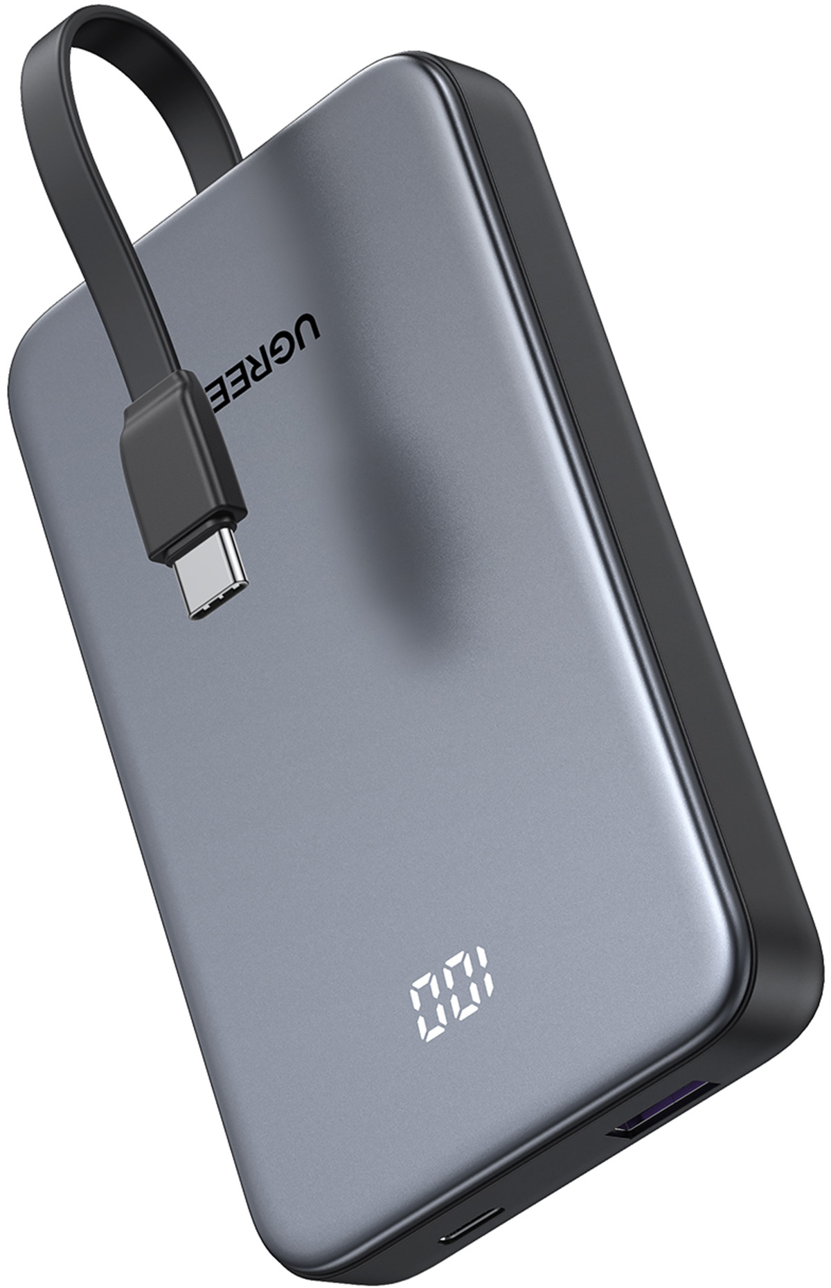 Szary power bank z kablem USB-C i cyfrowym wyświetlaczem 100.