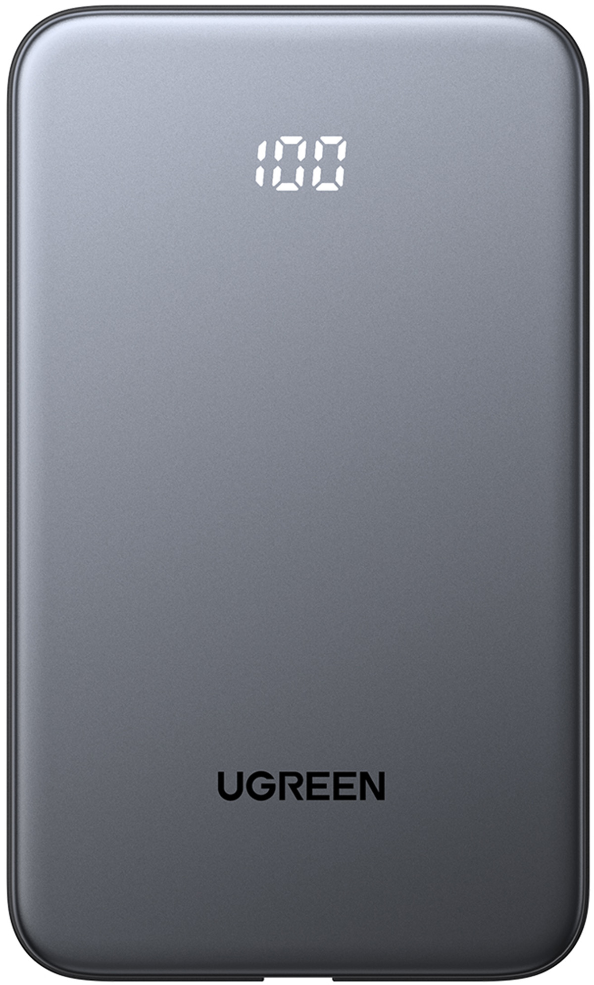 Szara powerbanka z cyfrowym wyświetlaczem '100' i logo UGREEN.