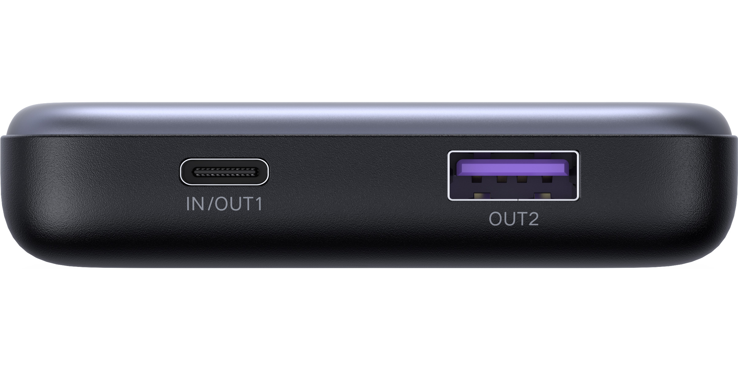 Czarny power bank widok z boku z portami USB-C i USB-A.