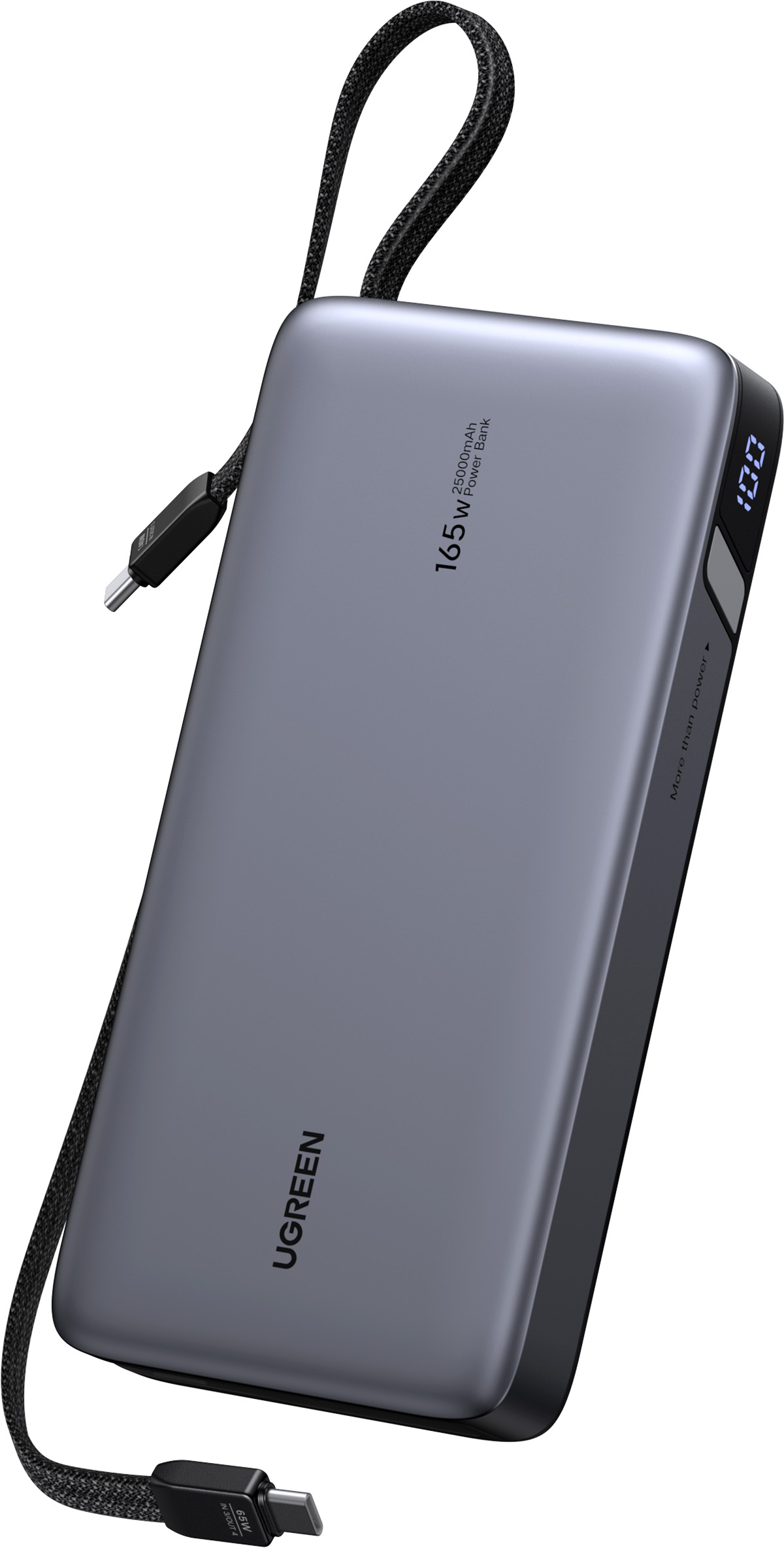 Szary power bank 25000mAh z cyfrowym wyświetlaczem i kablem USB-C.