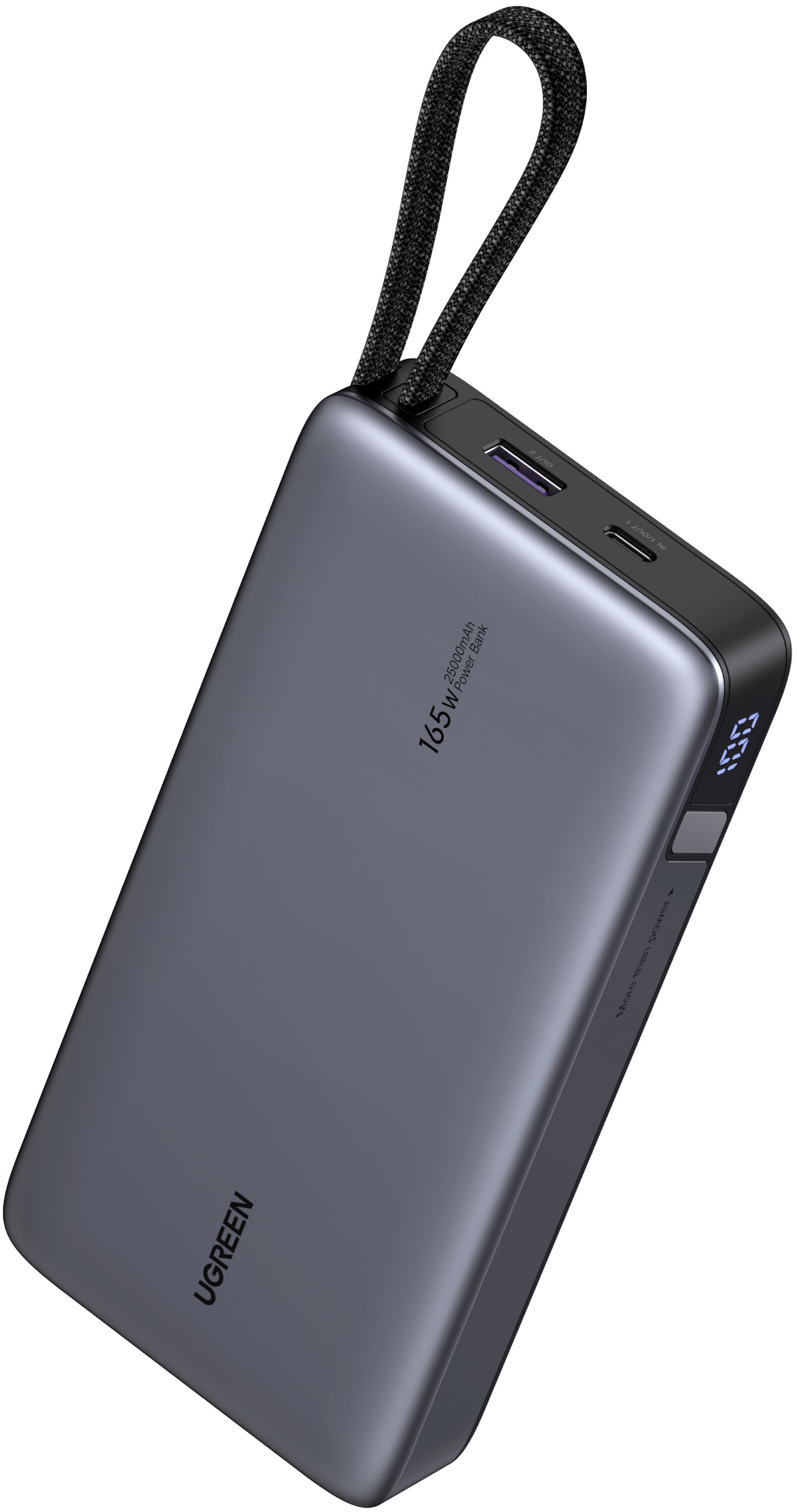 Szary power bank UGREEN, 165W, 25000mAh, z portami USB i cyfrowym wyświetlaczem.